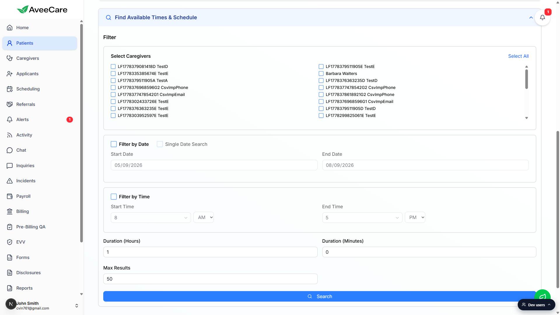 Find Available Times and Schedule panel expanded showing Select Caregivers list, Filter by Date, Filter by Time, Duration, Max Results, and a blue Search button