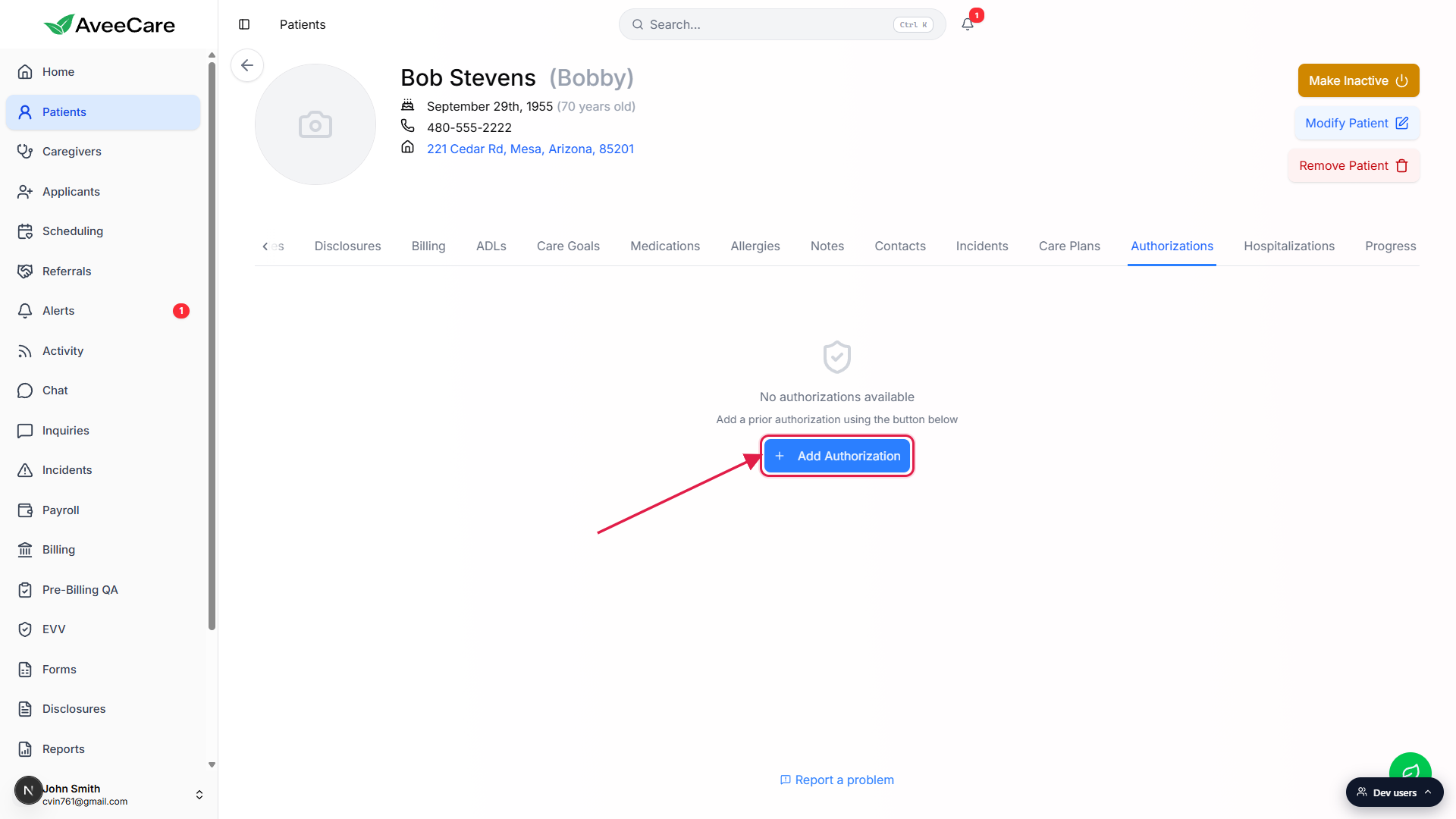 Authorizations empty state on Bob Stevens with the centered Add Authorization button highlighted with a red box and arrow