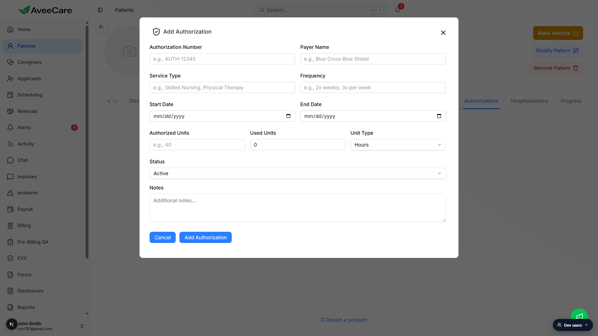 Add Authorization modal showing fields for Authorization Number, Payer Name, Service Type, Frequency, Start Date, End Date, Authorized Units, Used Units, Unit Type, Status, and Notes
