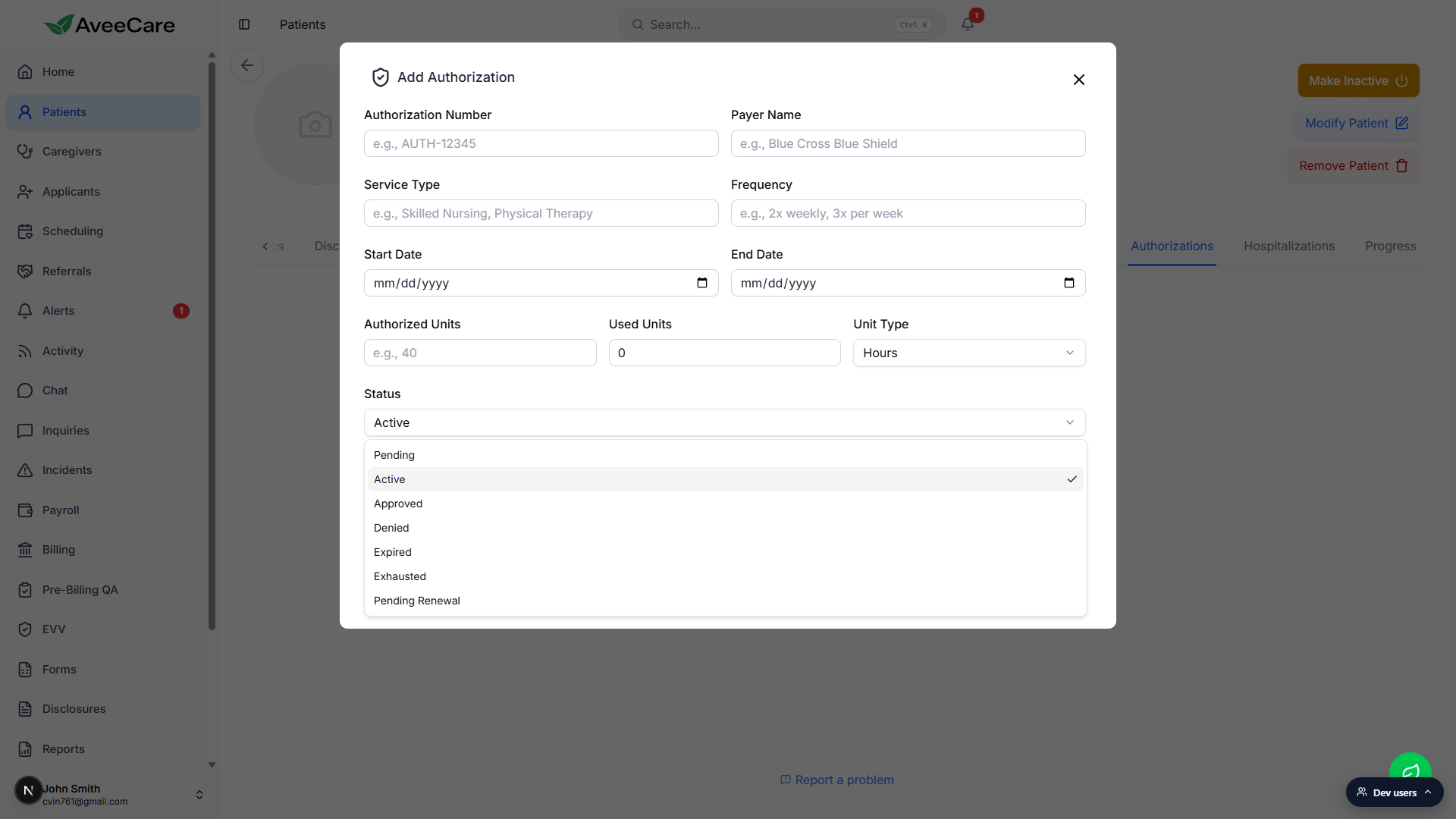 Status dropdown on the Add Authorization modal expanded to show Pending, Active, Approved, Denied, Expired, Exhausted, and Pending Renewal