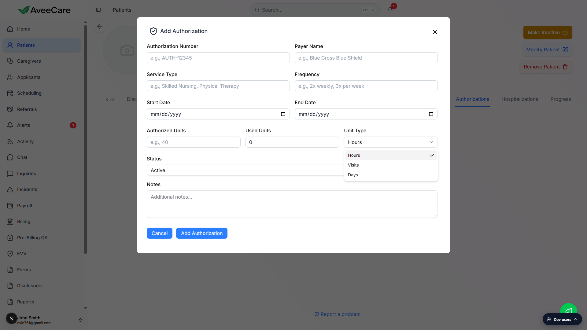 Unit Type dropdown on the Add Authorization modal expanded to show Hours, Visits, and Days