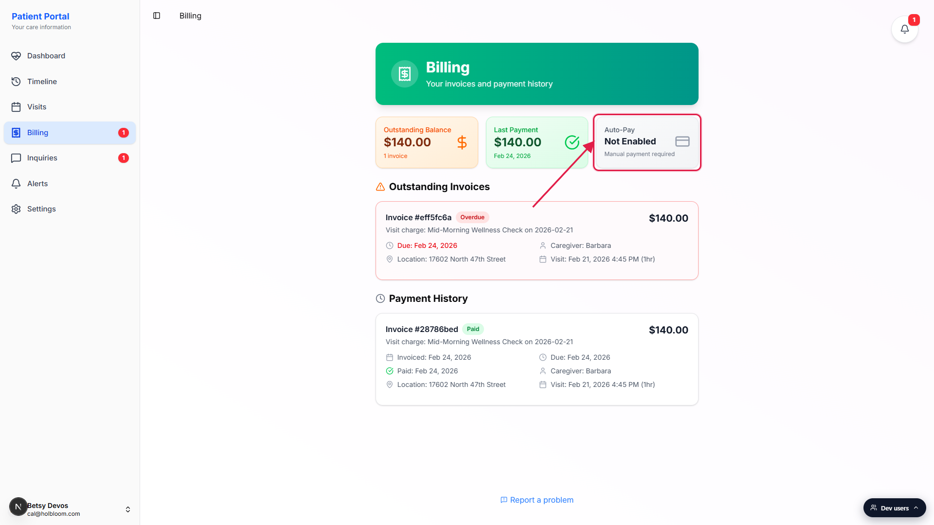 Patient Portal Billing page with the Auto-Pay summary card in the Not Enabled state, called out by a red box and arrow, sitting to the right of Outstanding Balance and Last Payment