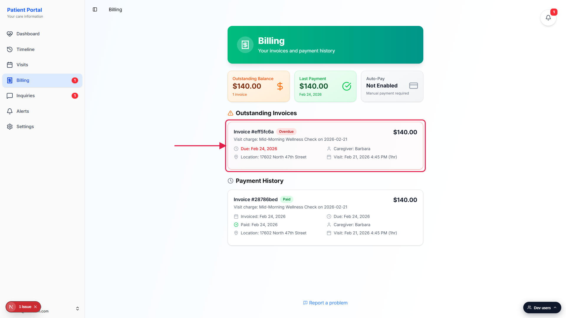 Patient Portal Billing page with the Outstanding Invoices card highlighted by a red box, showing an overdue invoice for $140.00 above the Payment History section