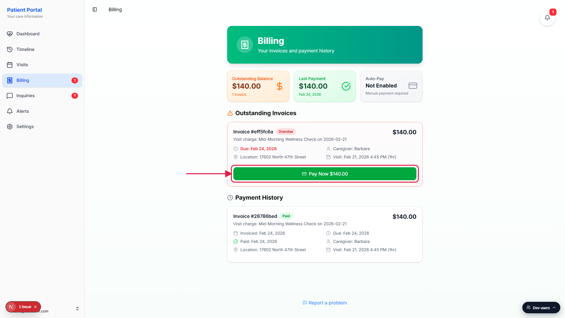 Pay Now button at the bottom of the outstanding invoice card, called out with a red box and arrow, showing the amount Pay Now $140.00