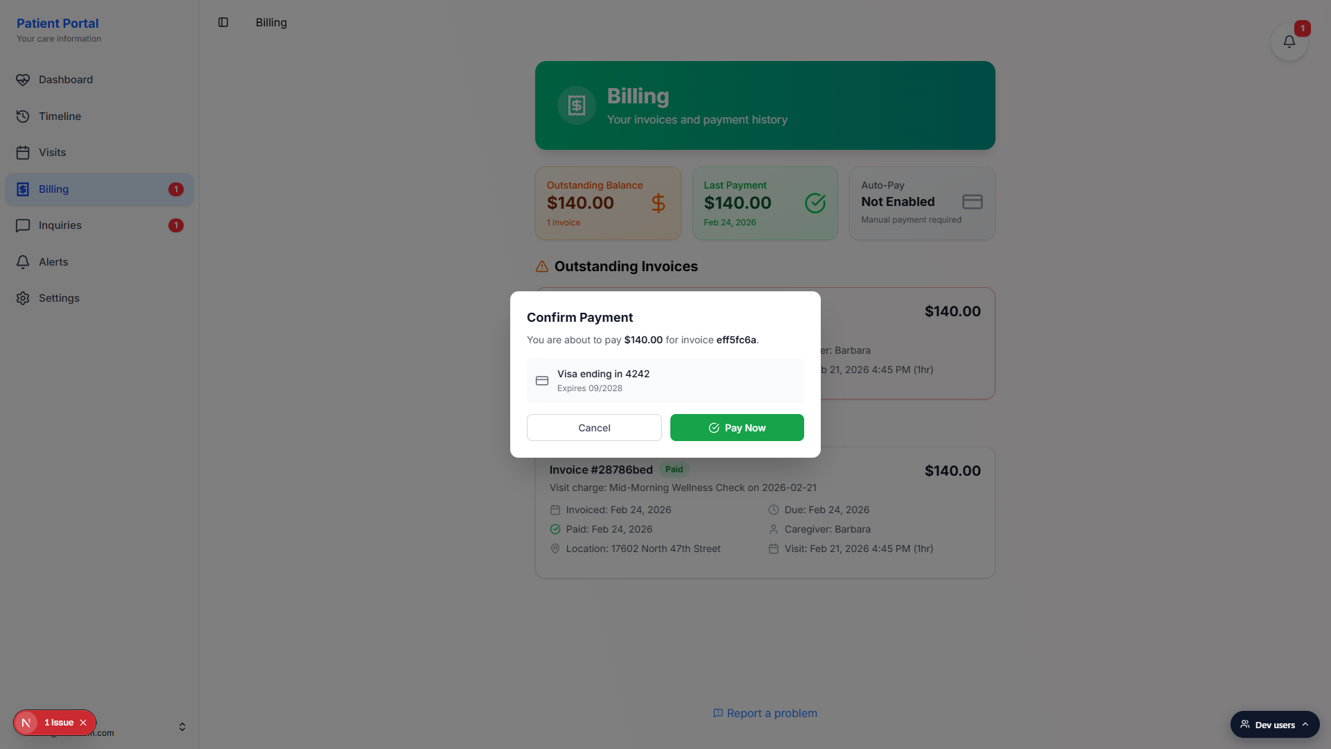 Confirm Payment modal with the amount $140.00 for invoice eff5fc6a, the saved Visa ending in 4242, a Cancel button, and a green Pay Now button on the right