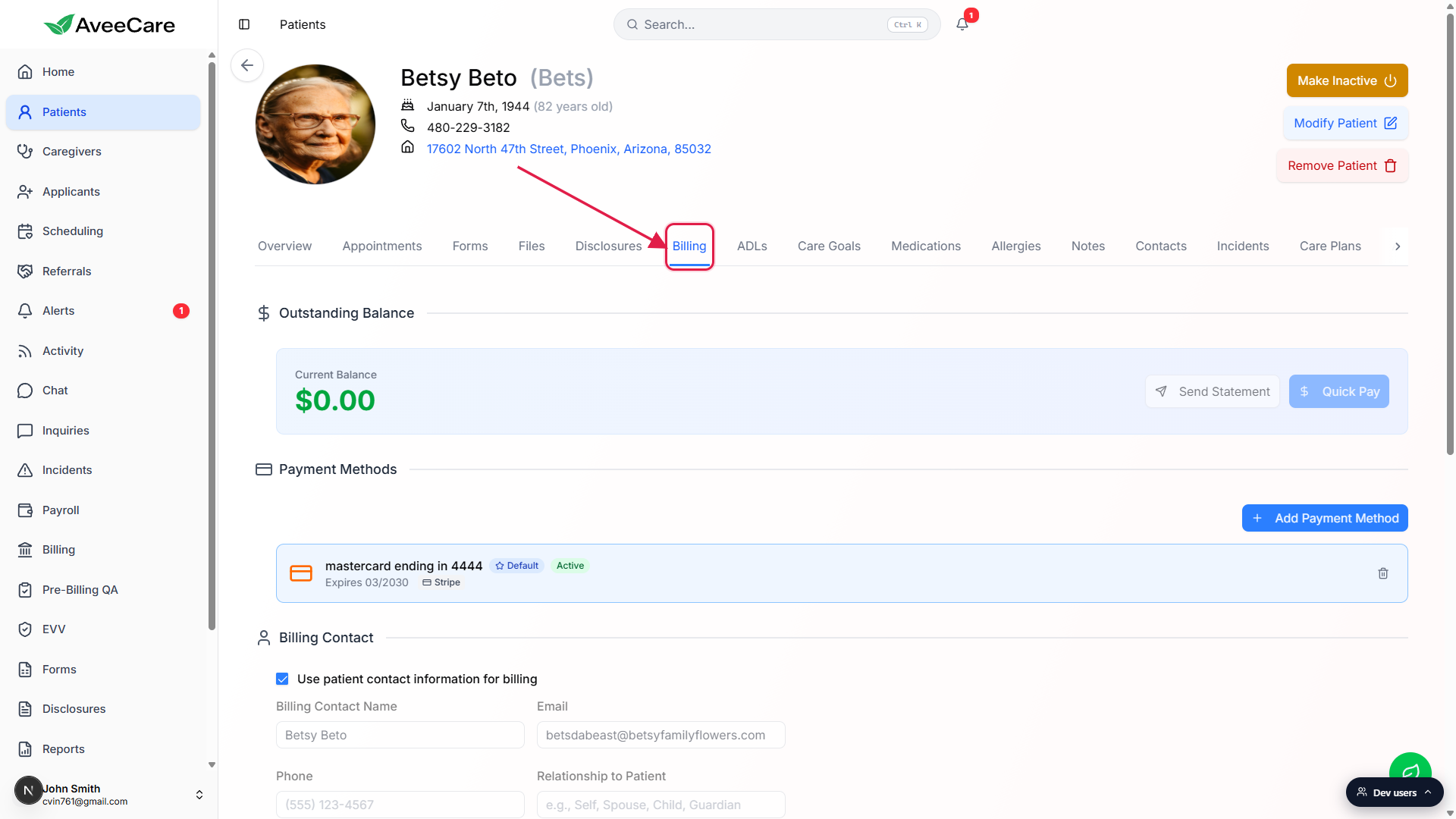 Patient page with the Billing sub-tab highlighted in red, Outstanding Balance and Payment Methods cards visible below