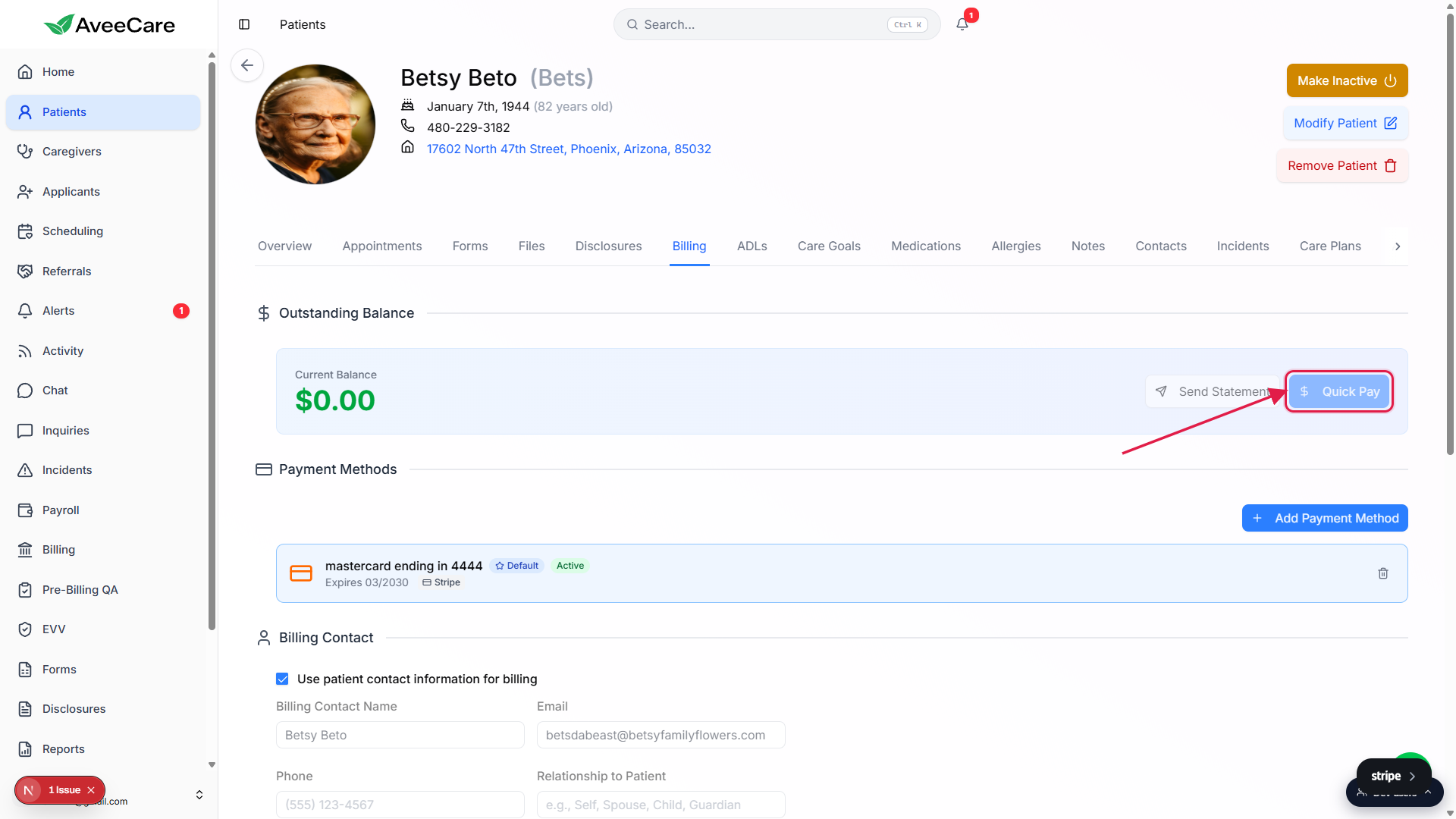 Outstanding Balance card with the Quick Pay button highlighted in red, Send Statement to the left, Add Payment Method visible in the Payment Methods card below