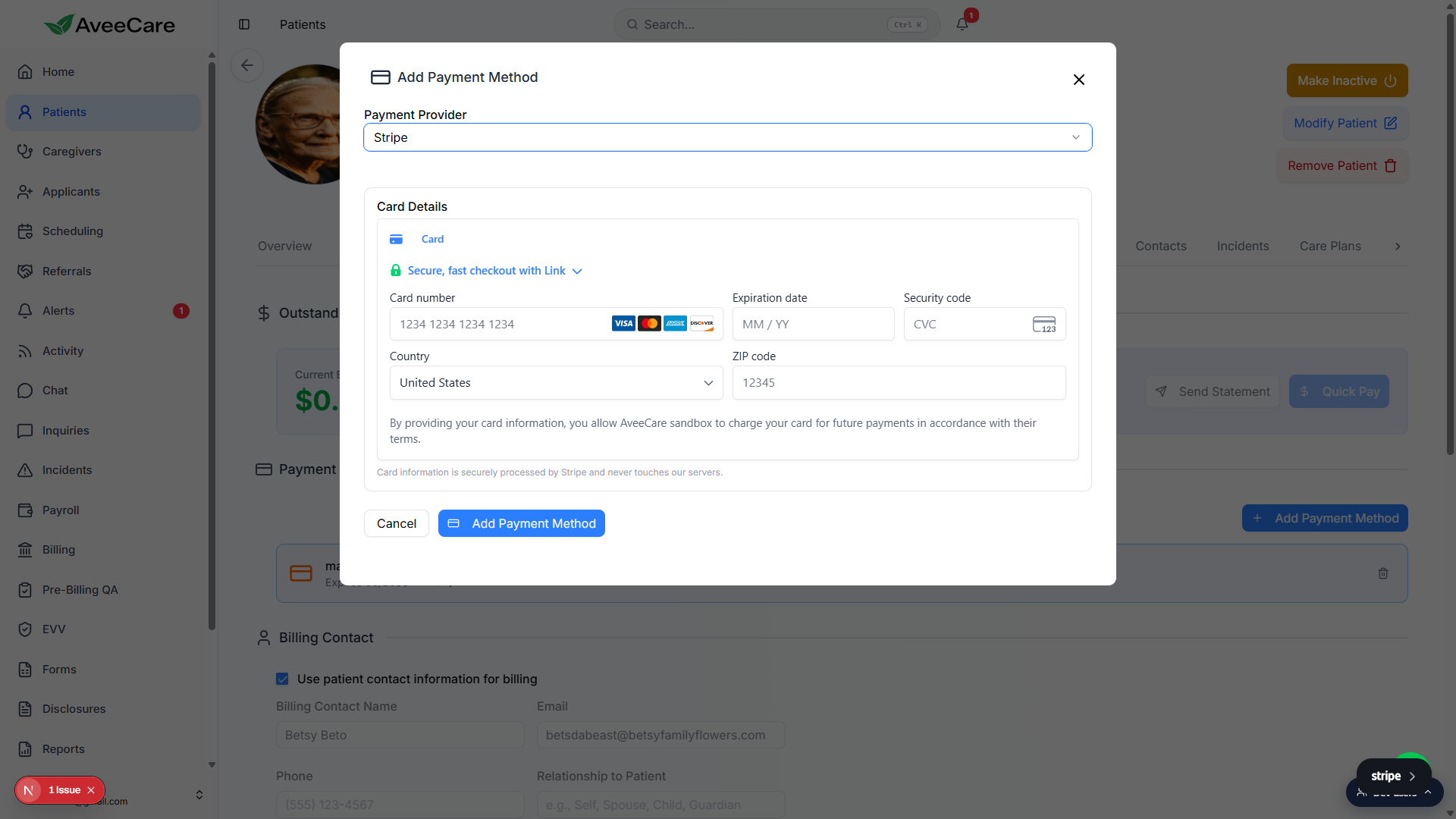 Add Payment Method modal with Payment Provider set to Stripe and Card Details fields for card number, expiration, security code, country, and ZIP