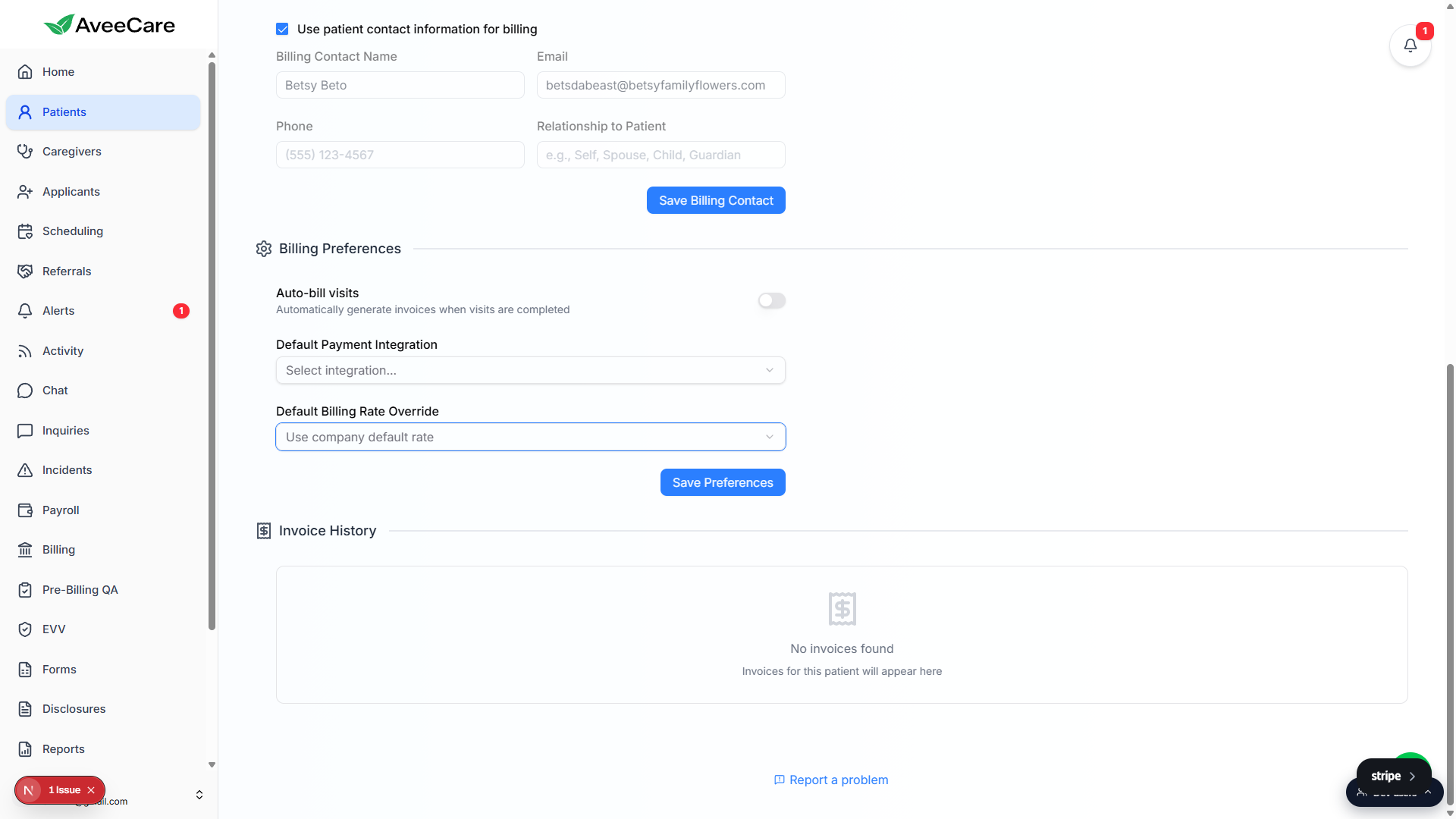 Billing Preferences card showing Auto-bill visits toggle, Default Payment Integration dropdown, and Default Billing Rate Override dropdown set to Use company default rate, with Invoice History empty state below