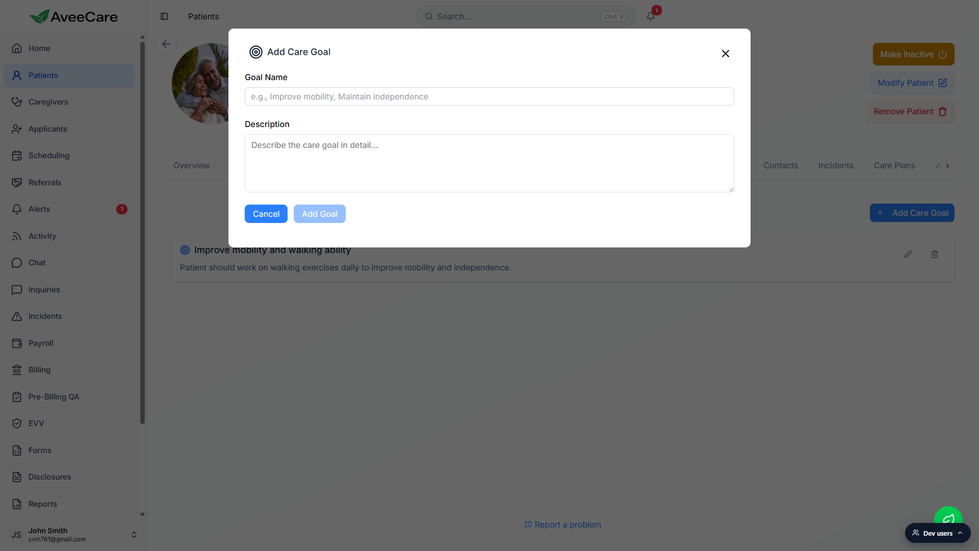 Add Care Goal modal showing the Goal Name input, Description text area, Cancel button, and disabled Add Goal button