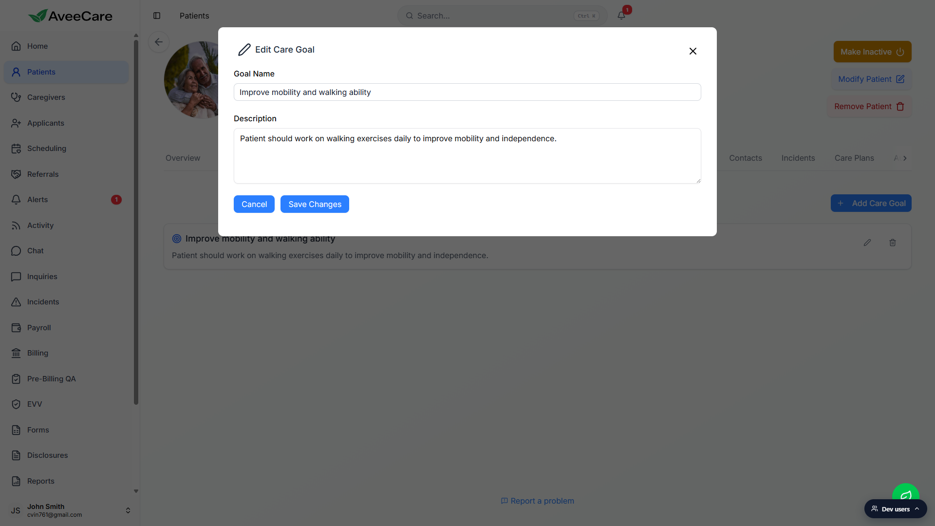 Edit Care Goal modal with Goal Name and Description prefilled from the existing goal, plus Cancel and Save Changes buttons