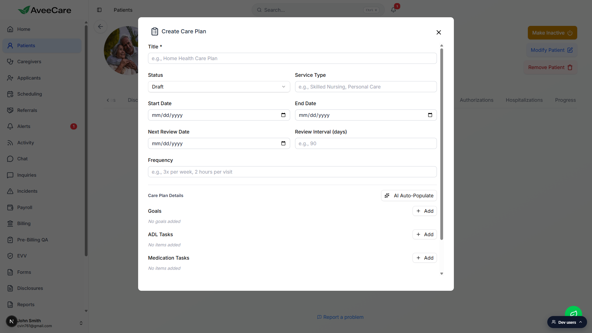 Create Care Plan modal showing Title, Status, Service Type, Start Date, End Date, Next Review Date, Review Interval, Frequency, plus Care Plan Details with Goals, ADL Tasks, and Medication Tasks add buttons and an AI Auto-Populate button