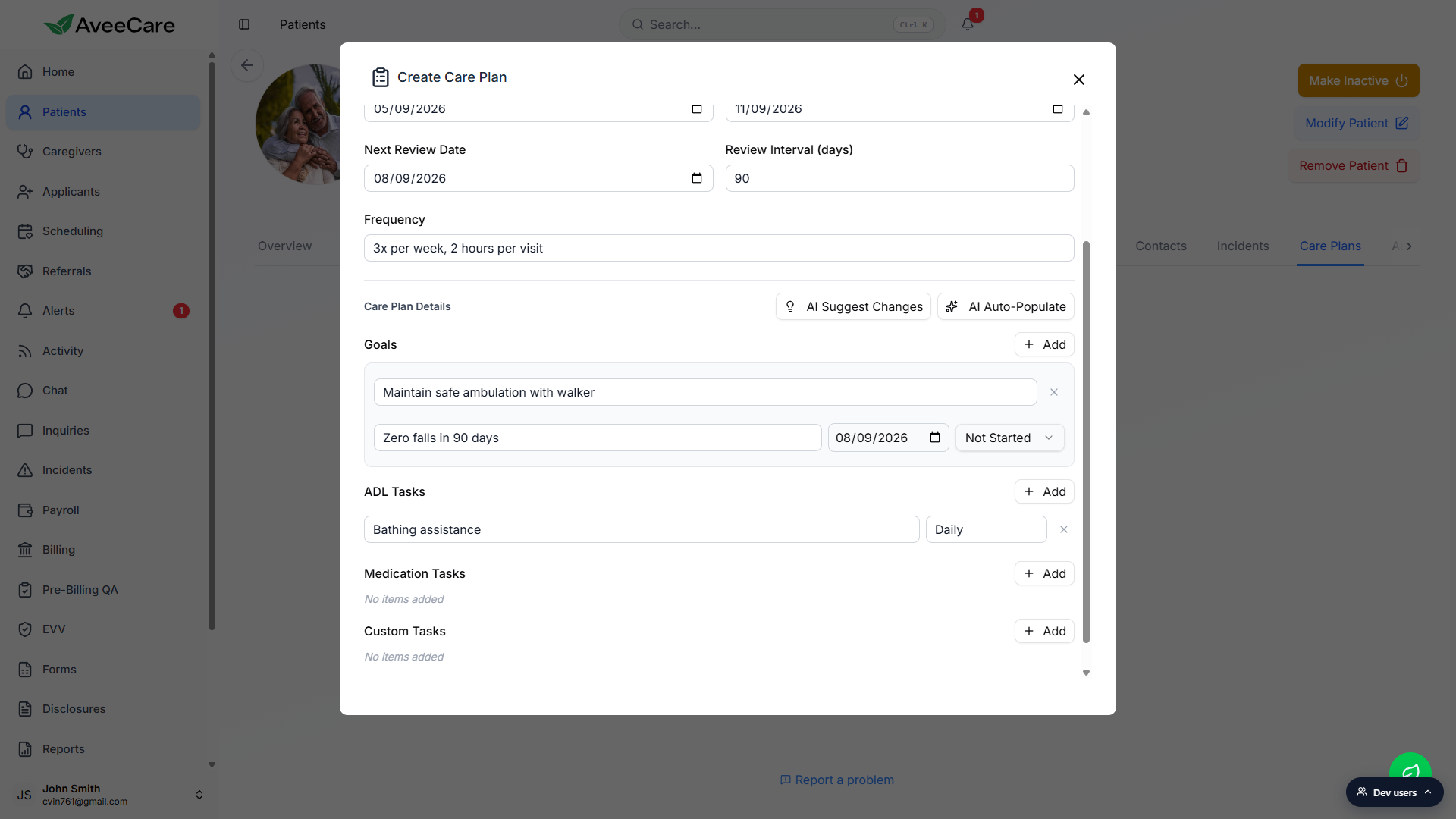 Create Care Plan modal scrolled to the Care Plan Details section showing one Goal entry with description, measurable target, target date, and status, plus an ADL Task entry with task name and frequency