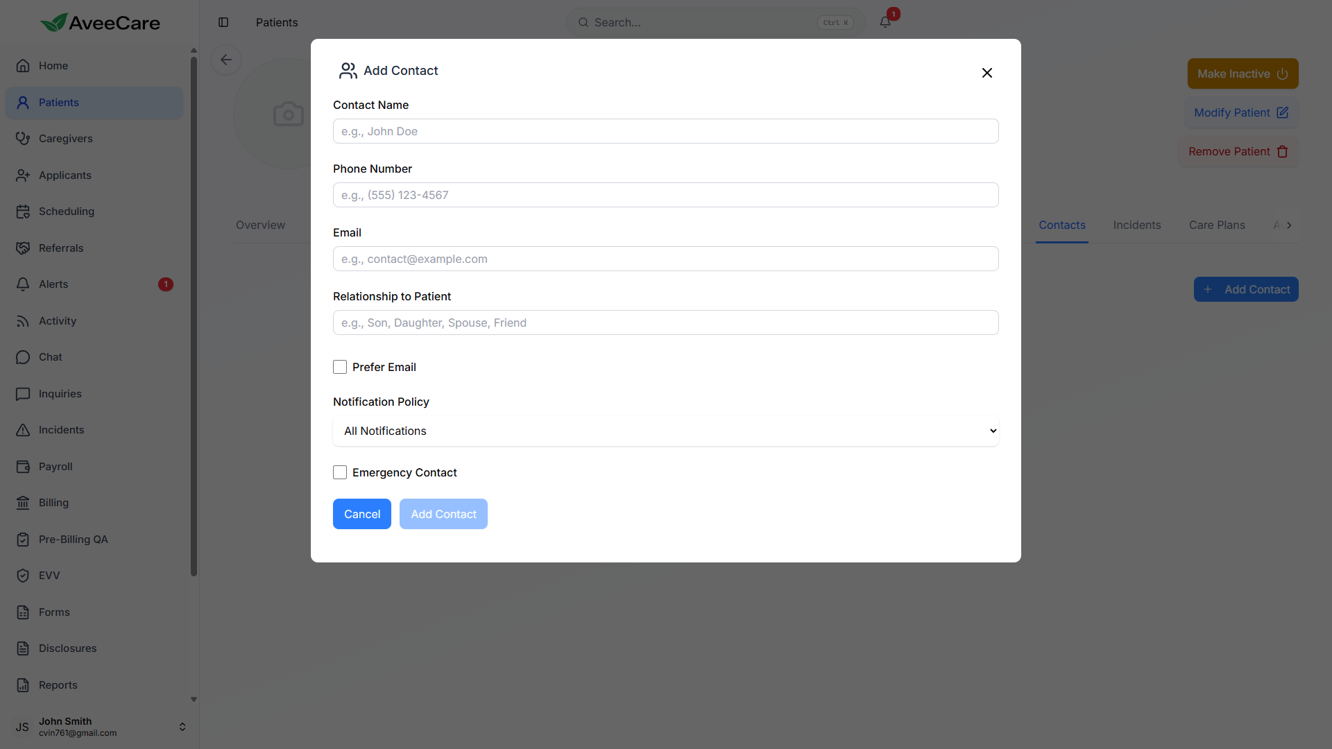Add Contact modal showing Contact Name, Phone Number, Email, Relationship to Patient, Prefer Email checkbox, Notification Policy dropdown, and Emergency Contact checkbox