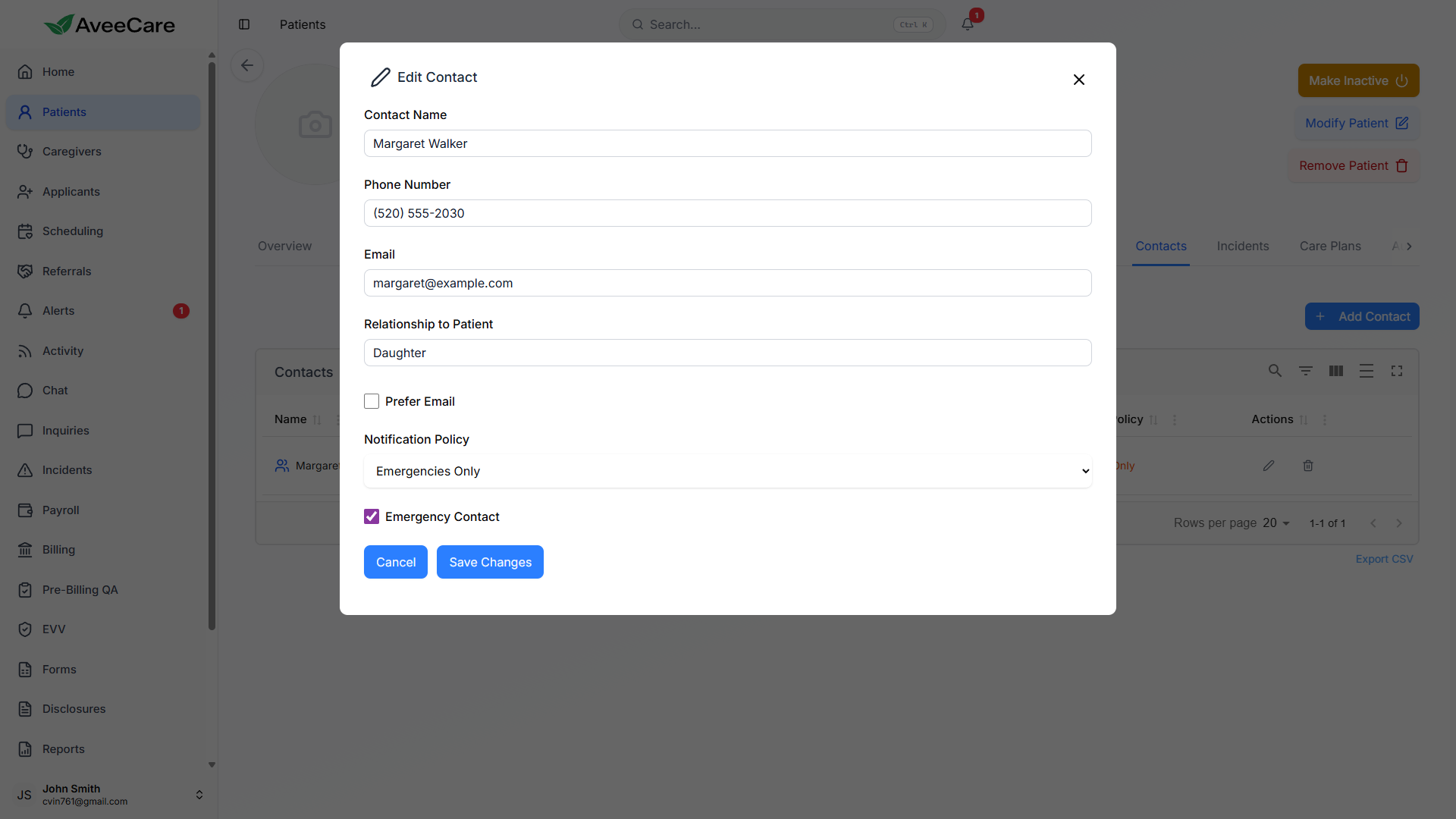 Edit Contact modal pre-filled with the contact data and a Save Changes button
