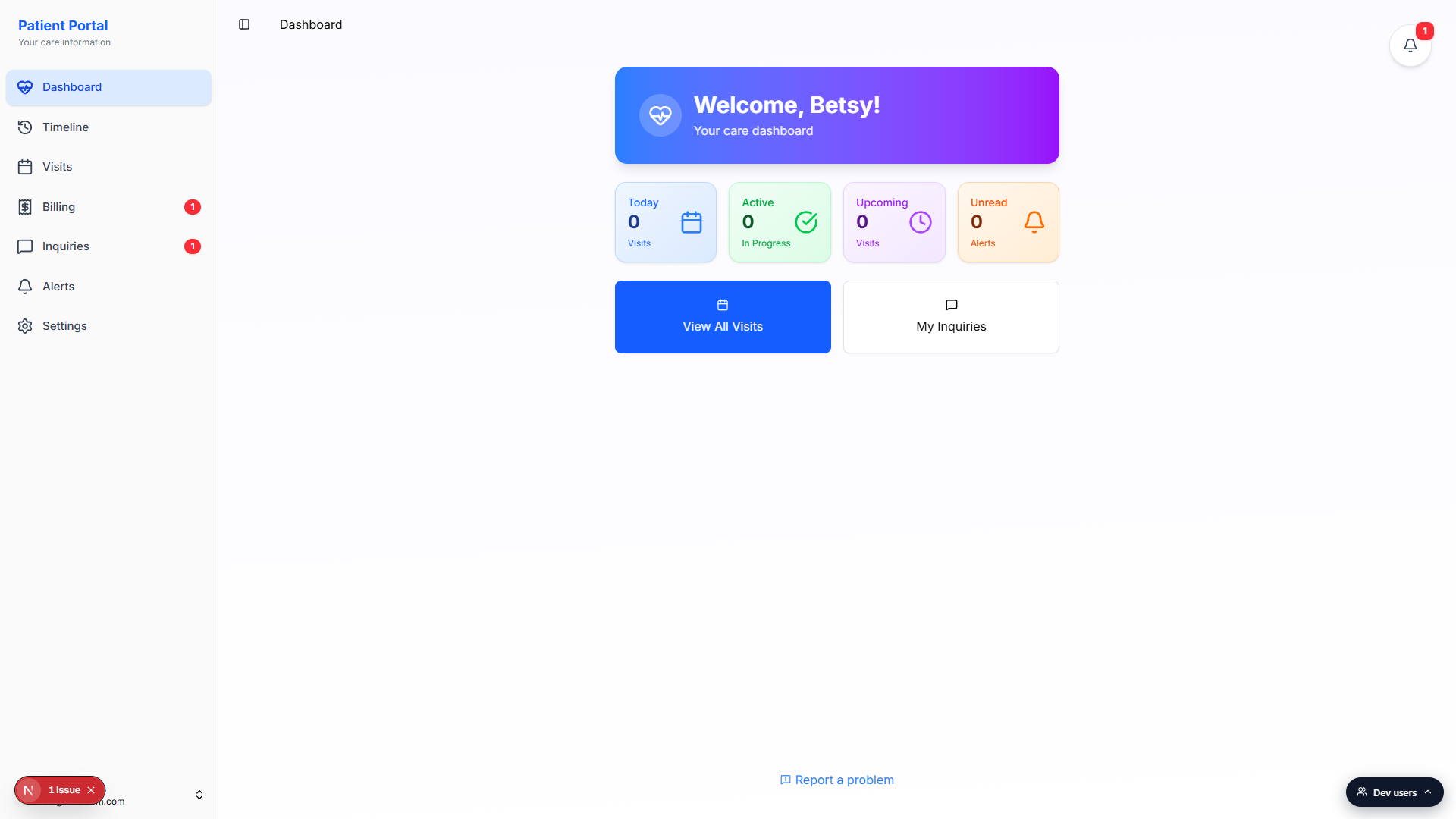 Patient dashboard right after sign-in, showing the Patient Portal sidebar, the blue and purple Welcome banner, four quick-stat tiles, and the Quick Actions row