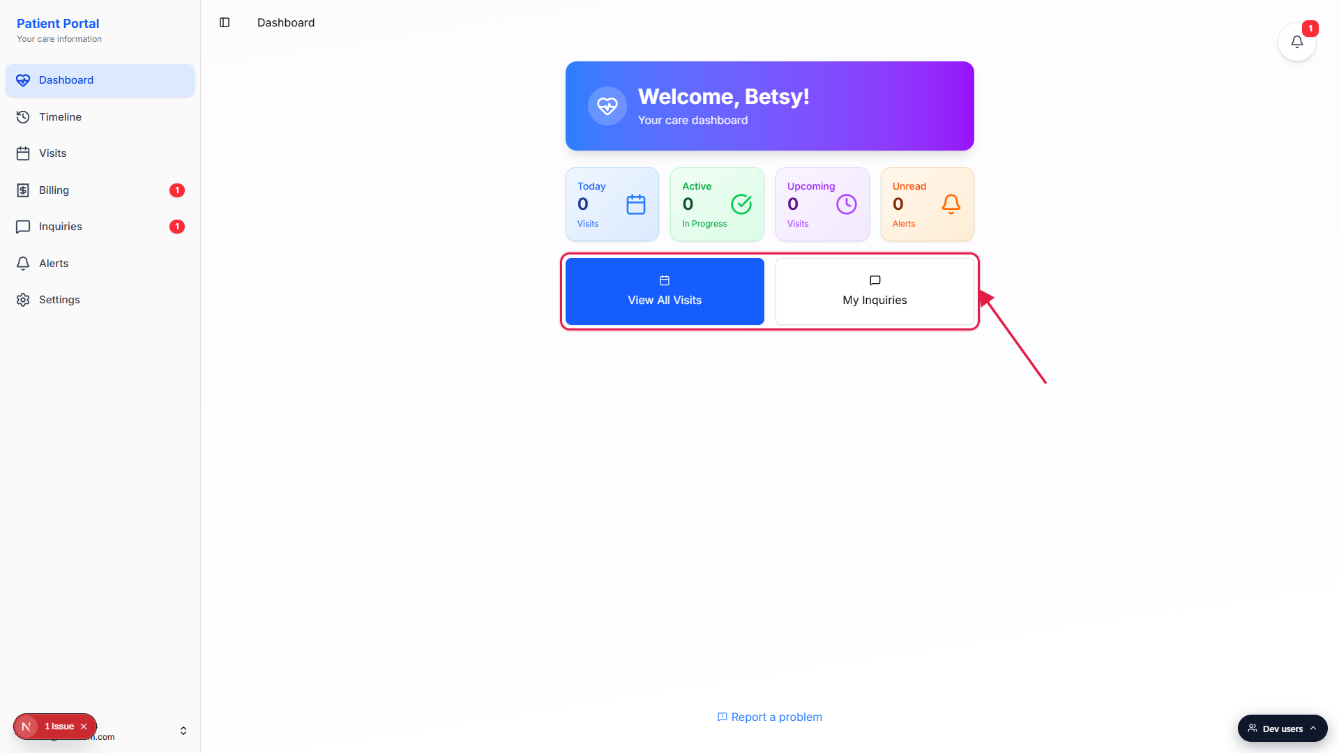 Quick Actions row called out with a red box, showing the View All Visits and My Inquiries tiles on the patient dashboard