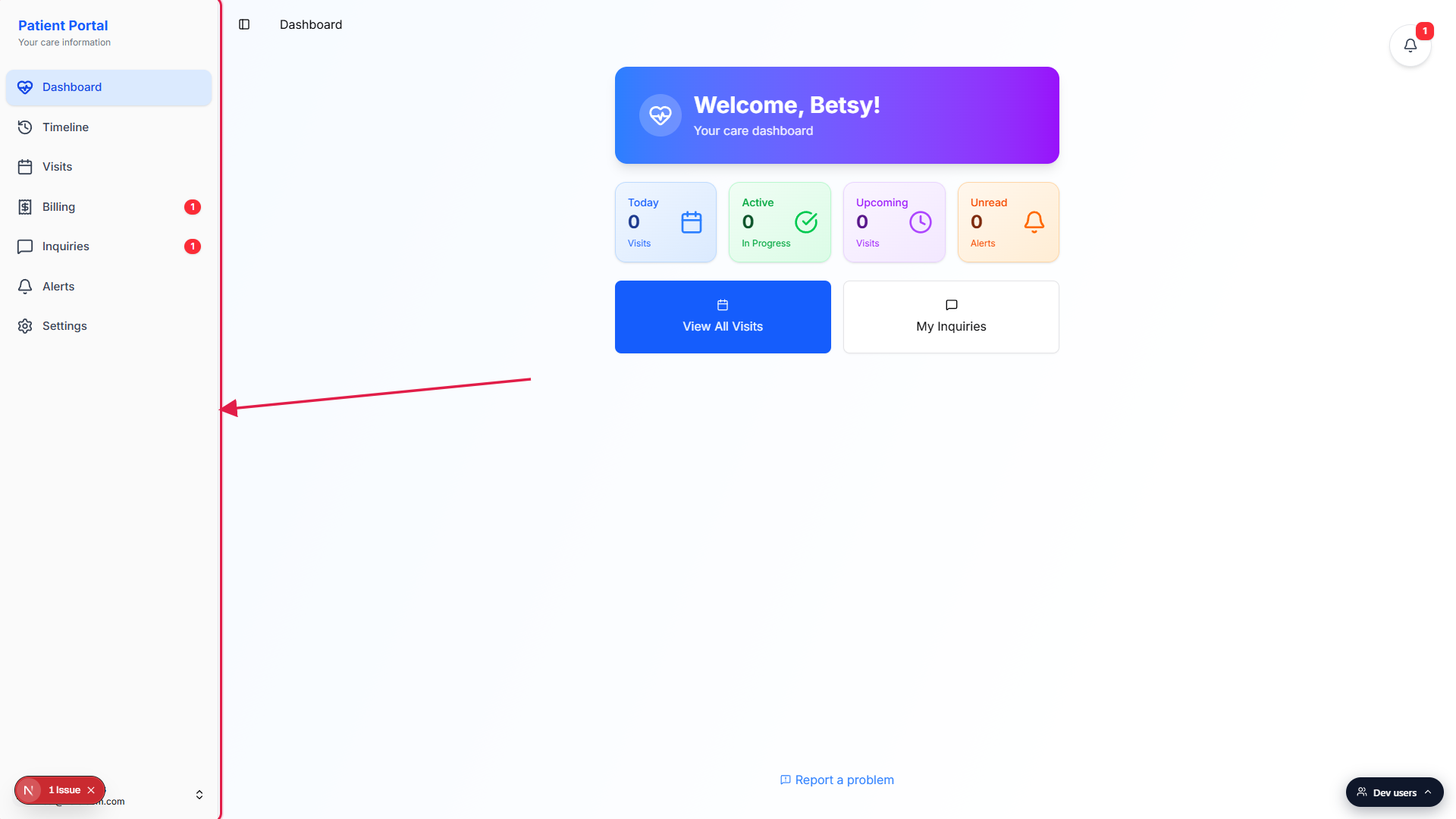 Patient Portal sidebar called out with a red box, listing Dashboard, Timeline, Visits, Billing, Inquiries, Alerts, and Settings