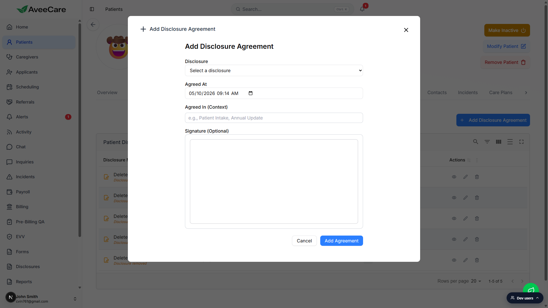 Add Disclosure Agreement modal with Disclosure dropdown, Agreed At datetime, Agreed In context field, and signature pad