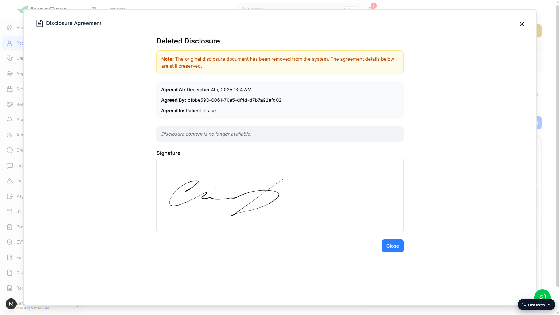 Disclosure Agreement view modal for a Deleted Disclosure showing Agreed At, Agreed By, Agreed In metadata and the rendered signature