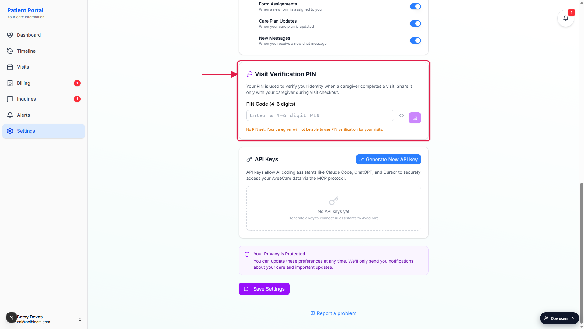 Patient Settings page with the Visit Verification PIN card called out by a red box and an arrow pointing to it from the left