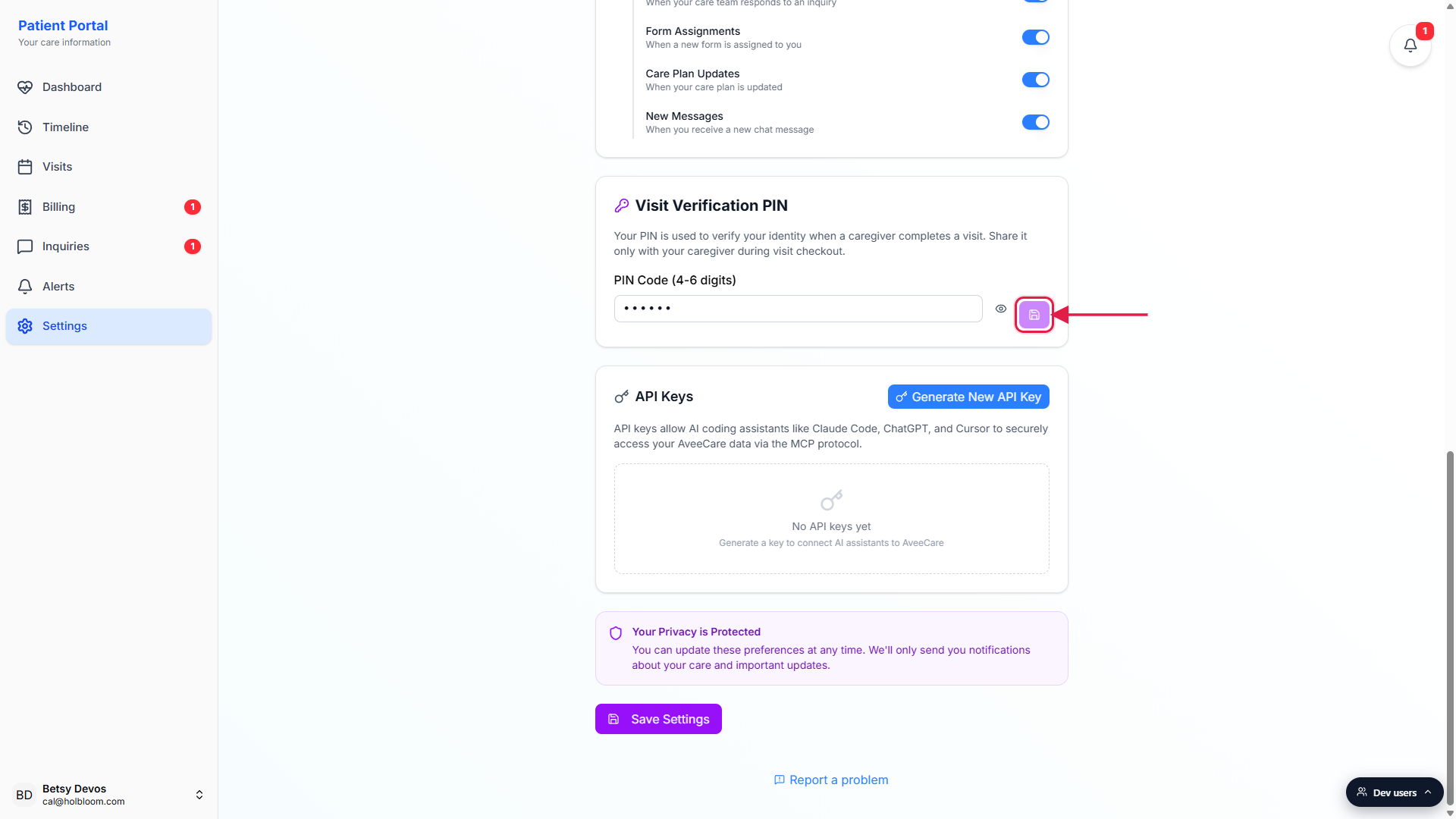 Saved Visit Verification PIN showing masked digits and the disabled purple save button highlighted in a red box with an arrow pointing in from the right