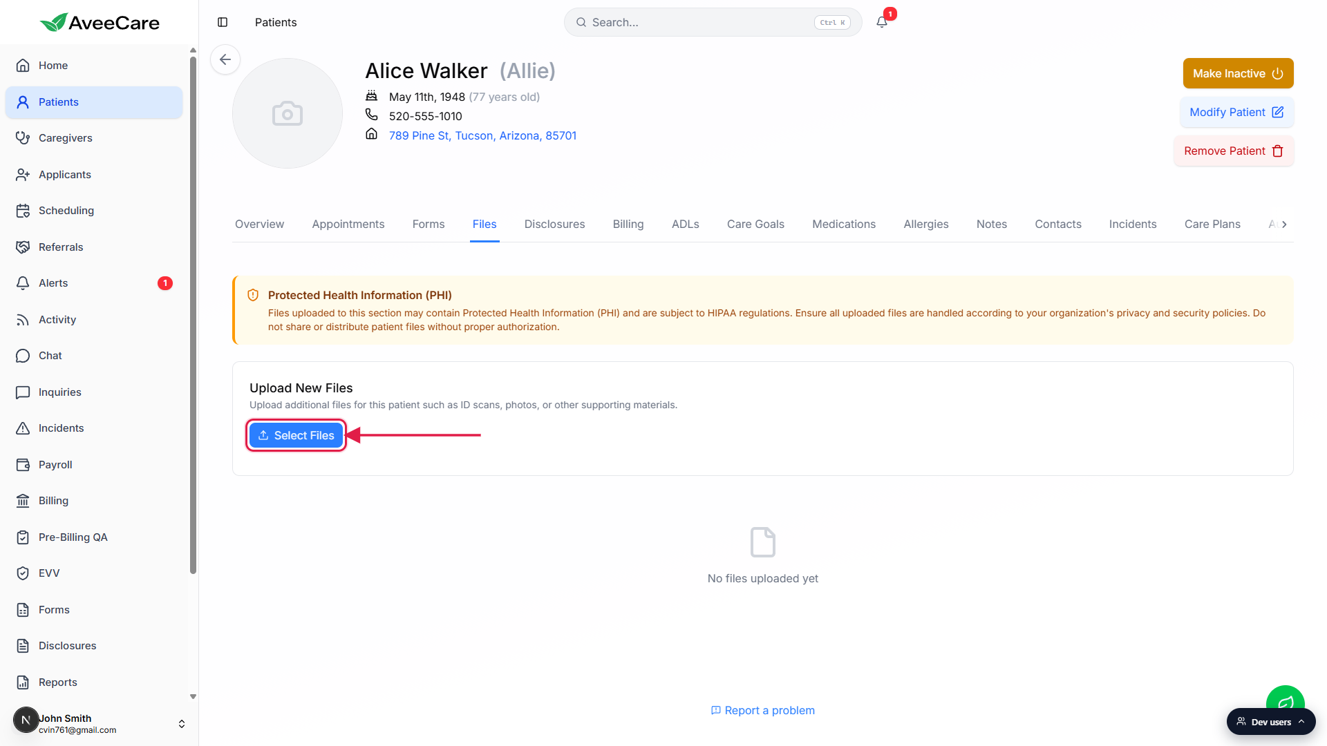 Upload New Files card with the Select Files button highlighted with a red box and arrow