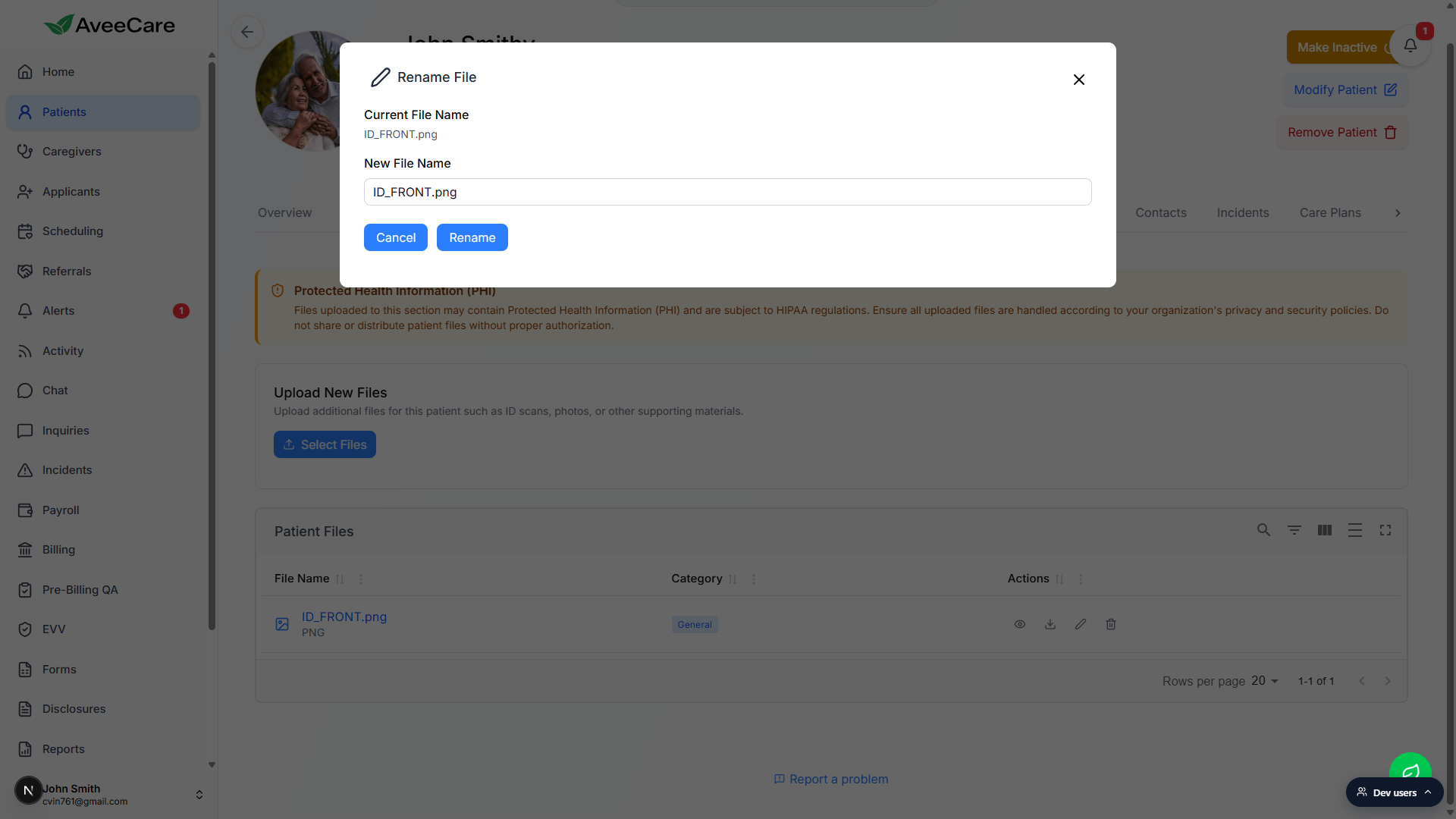 Rename File modal showing Current File Name, New File Name input, Cancel and Rename buttons