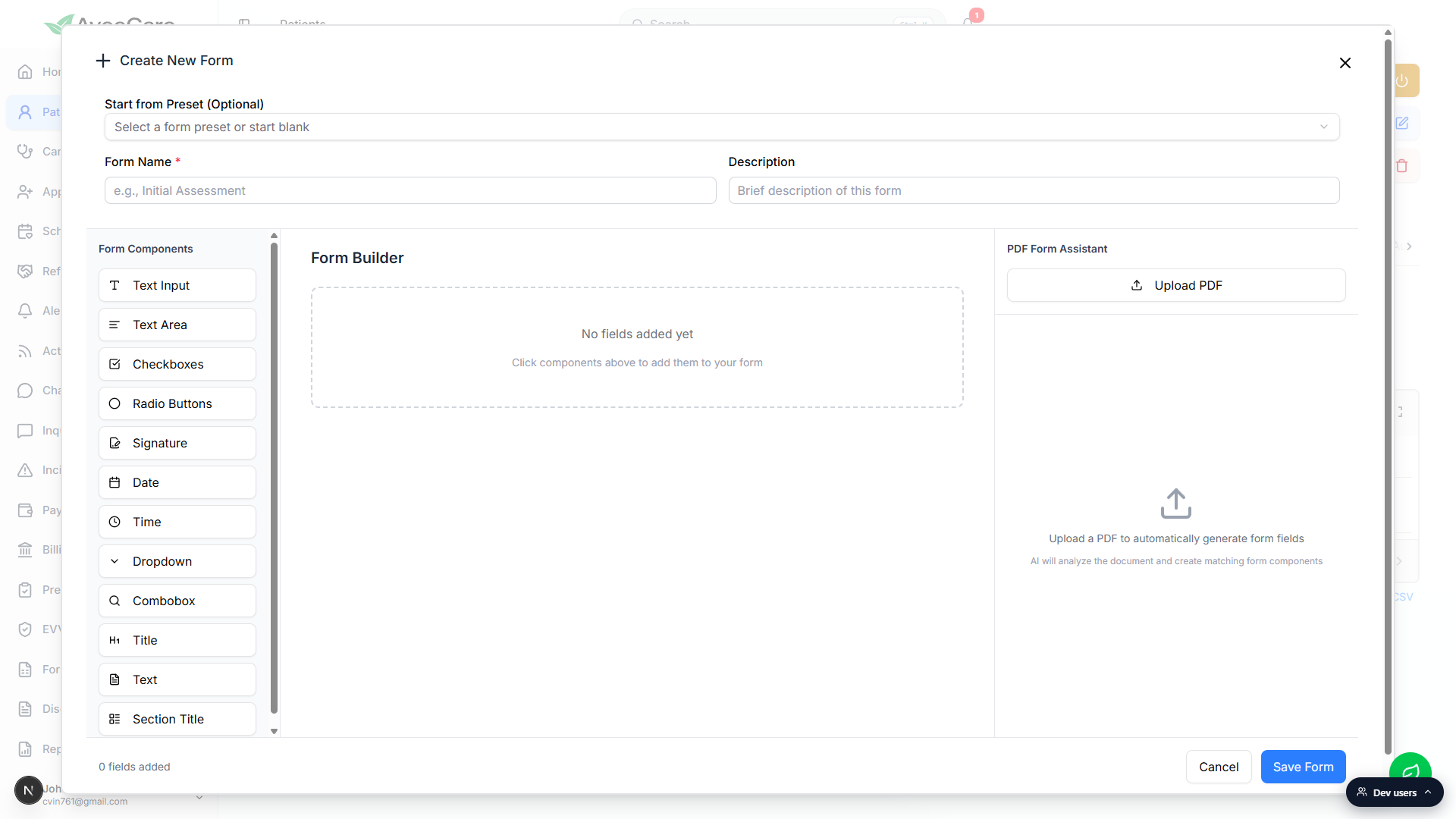 Create New Form modal showing the Start from Preset dropdown, Form Name and Description fields, the Form Components palette, and an empty Form Builder area