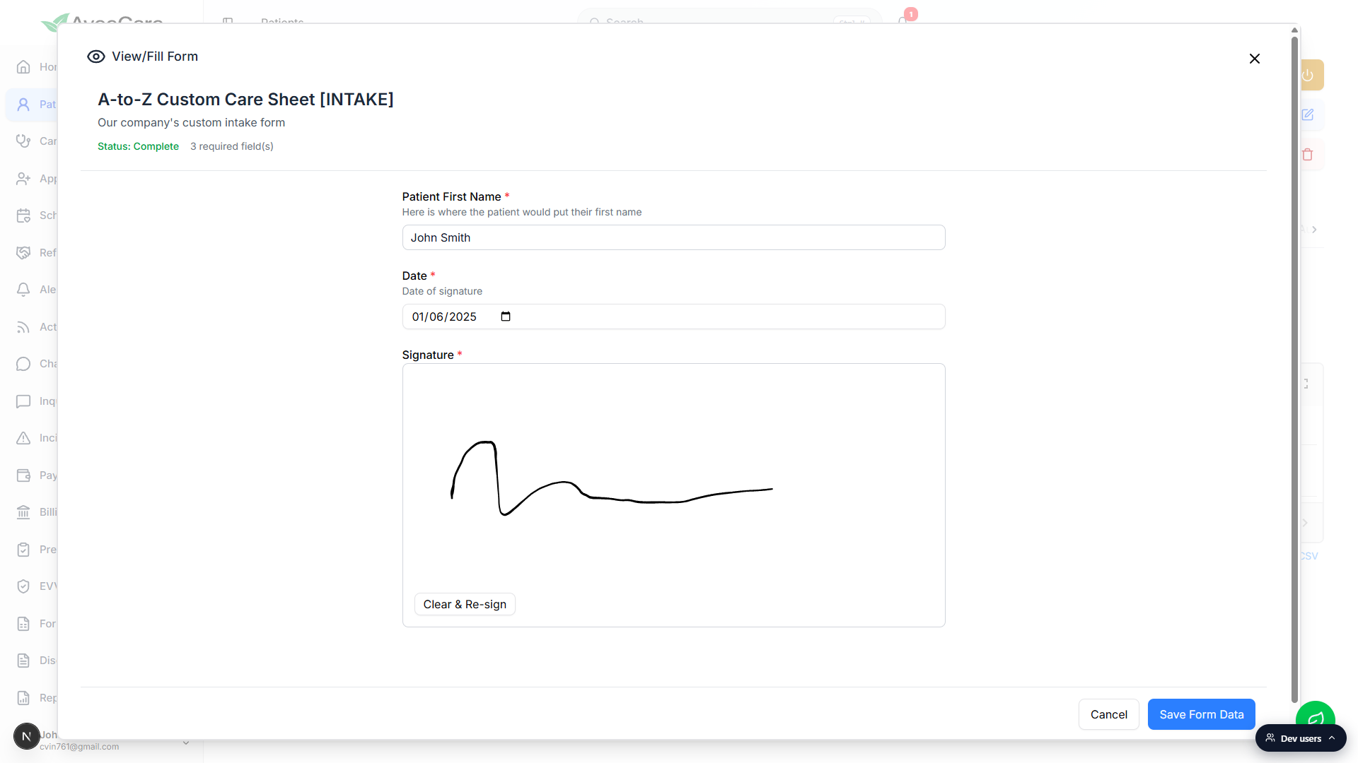 View/Fill Form modal showing a completed A-to-Z Custom Care Sheet with Patient First Name, Date, and Signature fields