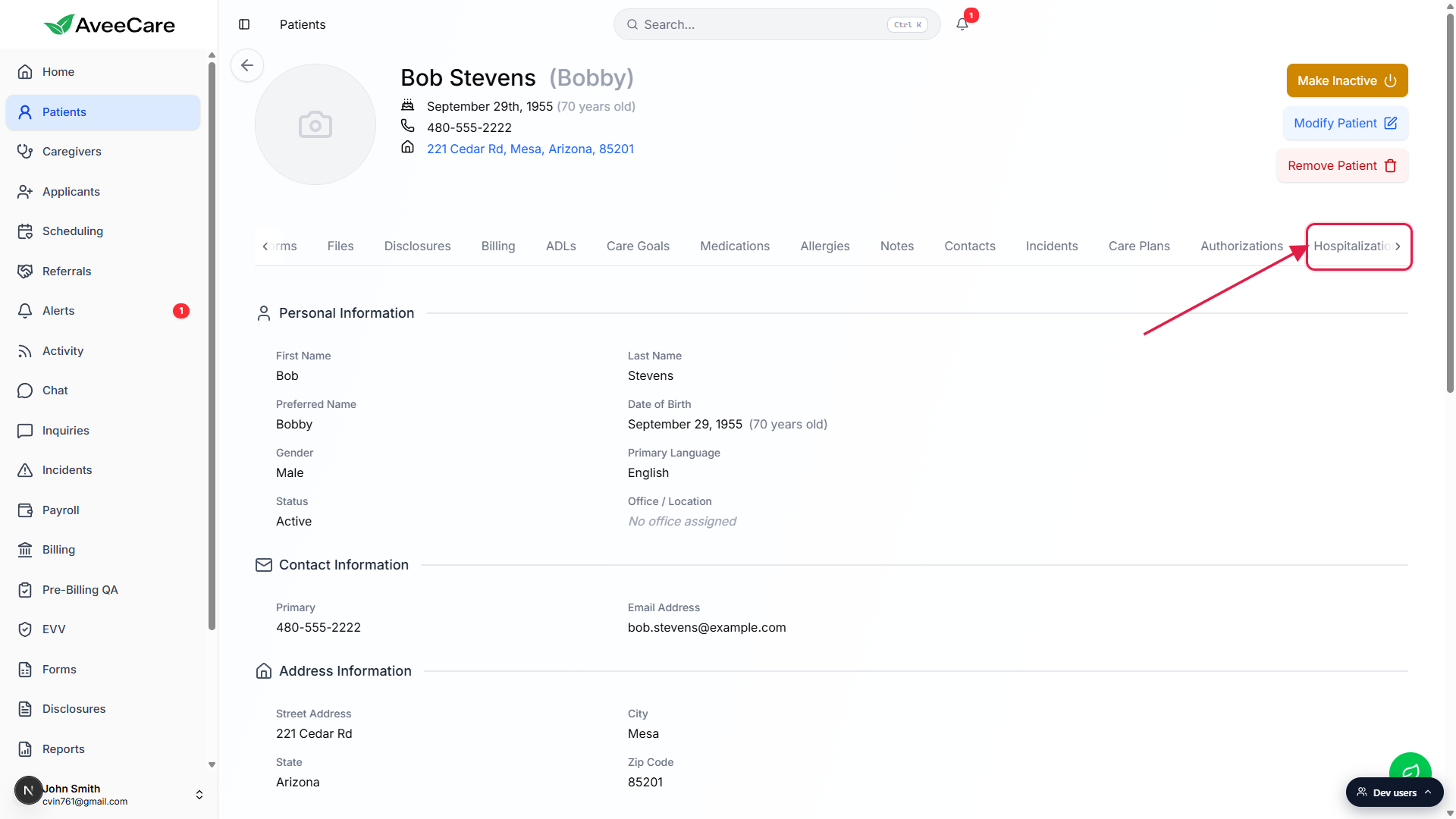 Patient detail page for Bob Stevens with the Hospitalizations tab on the tab strip highlighted in red