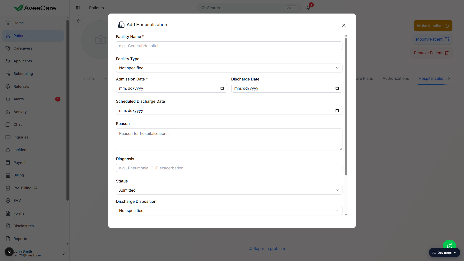 Add Hospitalization modal showing Facility Name, Facility Type, Admission Date, Discharge Date, Scheduled Discharge Date, Reason, Diagnosis, and Status fields