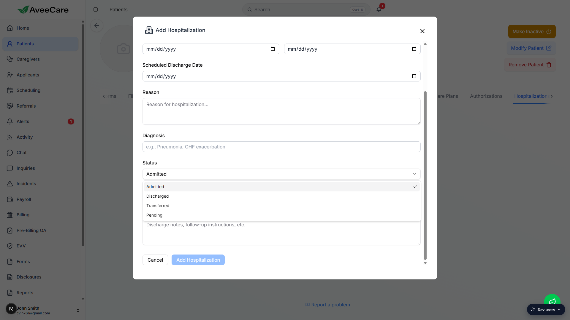 Status dropdown opened on the Add Hospitalization modal showing Admitted, Discharged, Transferred, and Pending