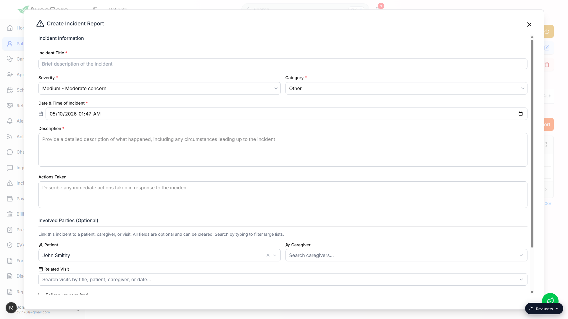 Create Incident Report modal with Incident Information fields, Severity dropdown, Category dropdown, Date and Time, Description, Actions Taken, and an Involved Parties section with the Patient field already filled with John Smithy