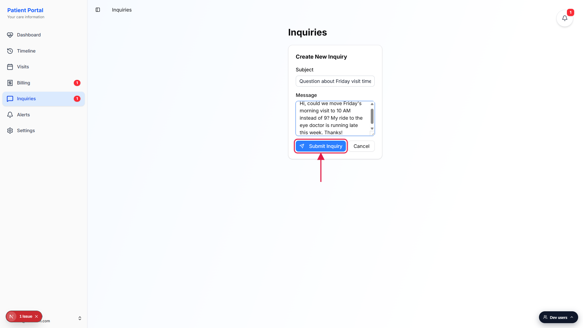 Create New Inquiry form with Subject and Message filled in and the Submit Inquiry button called out with a red box and arrow