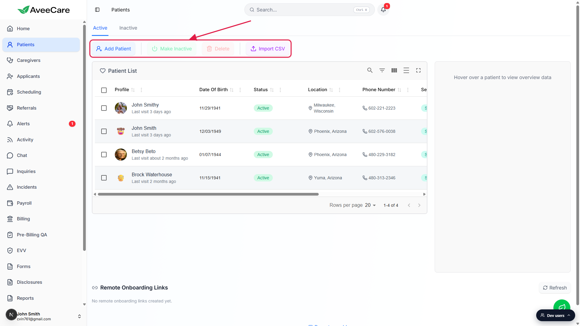 Patients page on the Active tab with the Add Patient, Make Inactive, Delete, and Import CSV action row called out in red
