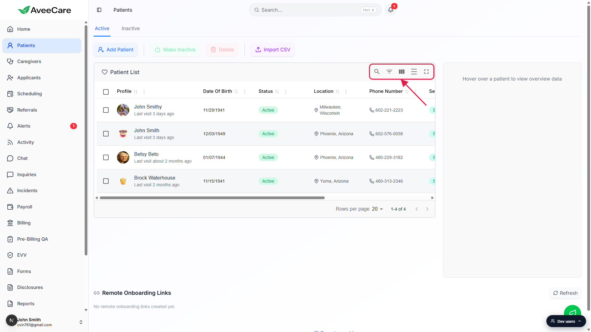 Patient List card showing the columns and the toolbar icon row called out in red