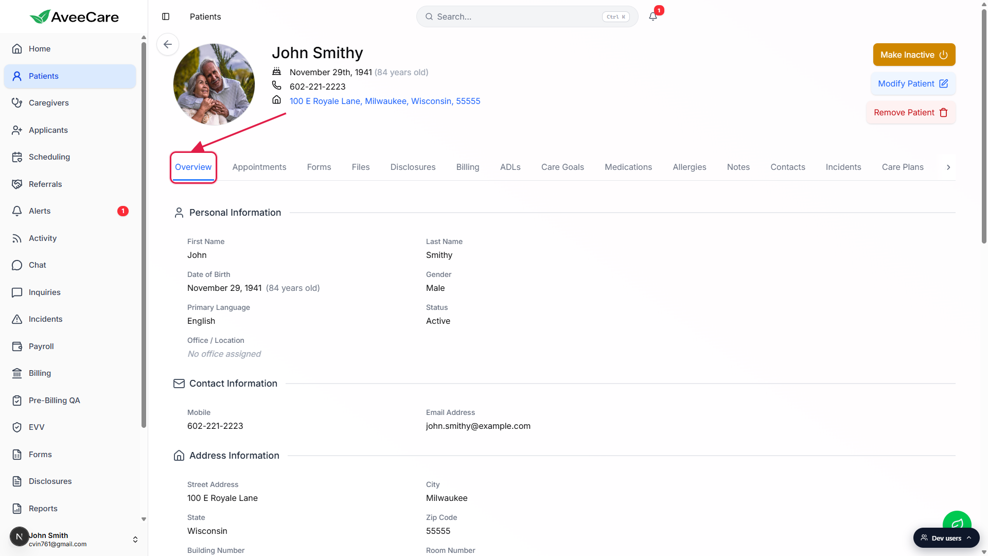 Patient Overview page after clicking a row, with the Overview tab called out in red