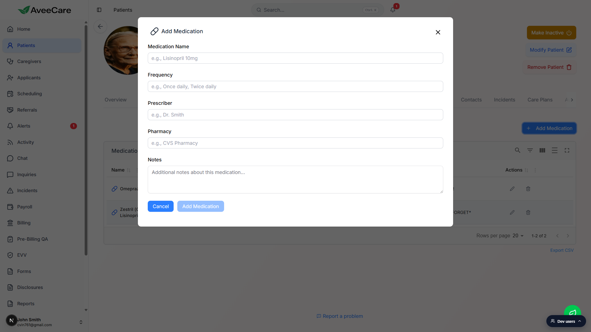 Add Medication modal with fields for Medication Name, Frequency, Prescriber, Pharmacy, and Notes plus Cancel and Add Medication buttons