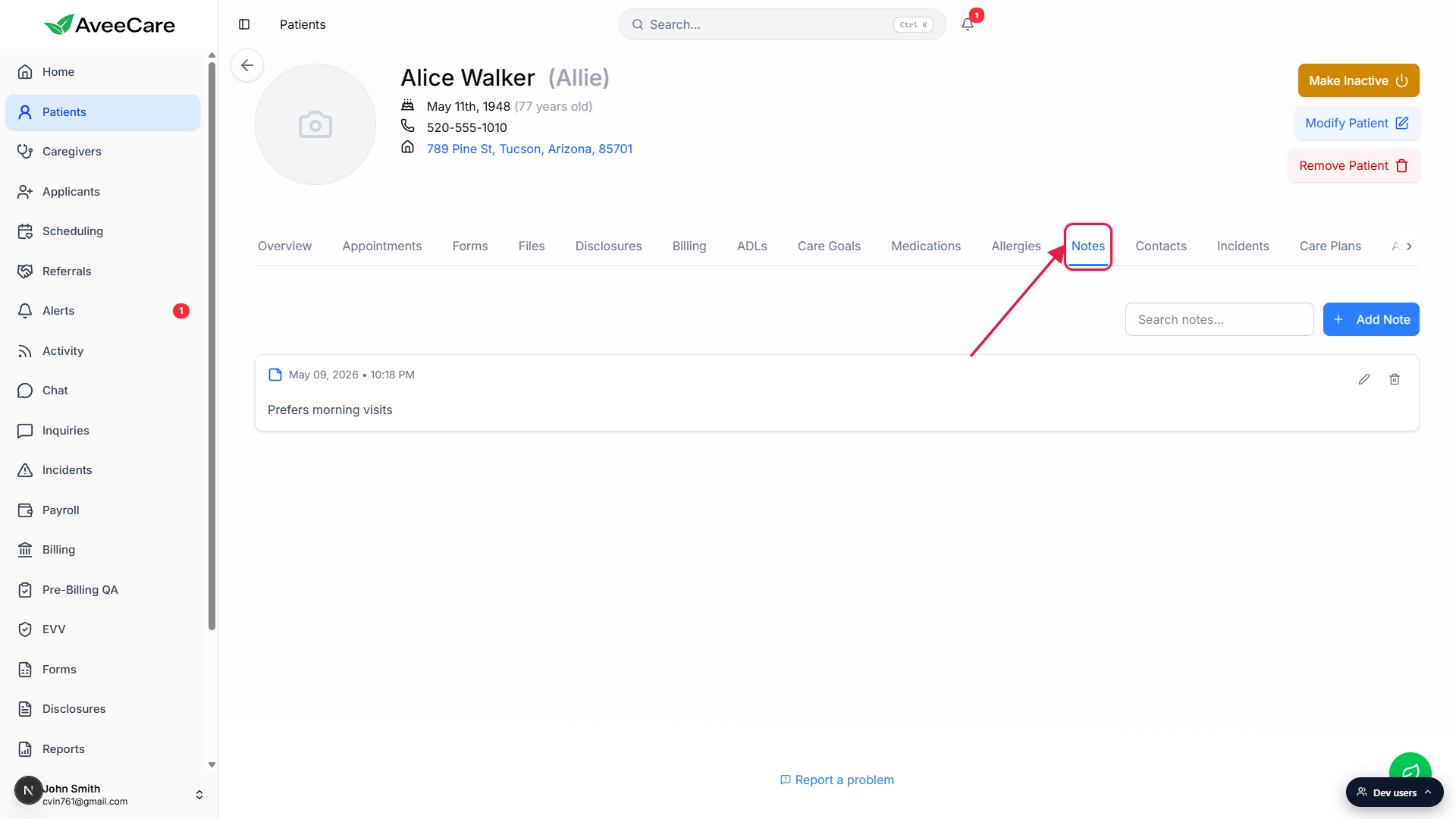 Patient detail page for Alice Walker with the Notes tab on the patient tab strip highlighted with a red box