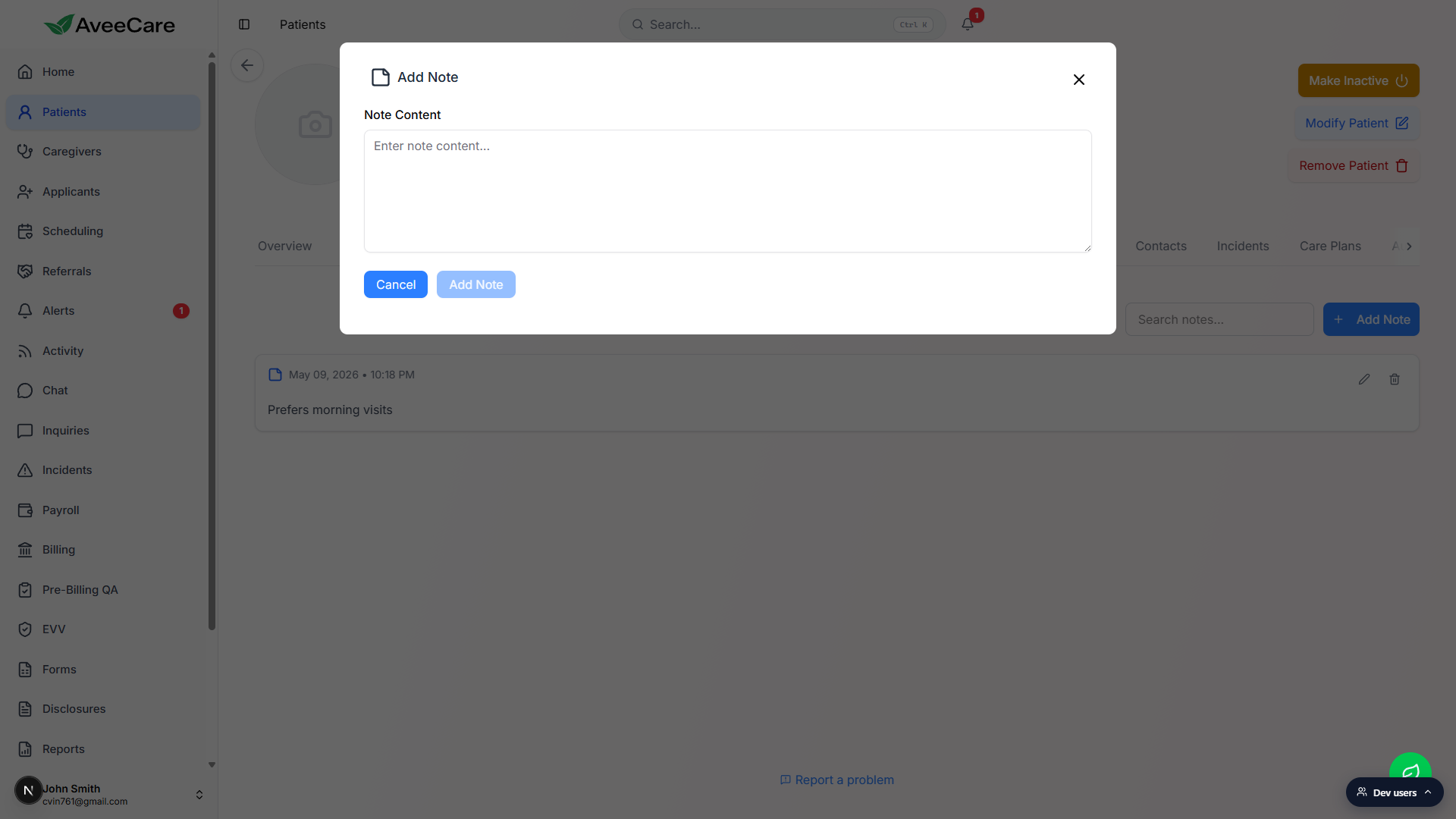Add Note modal with the Note Content textarea and Cancel and Add Note buttons