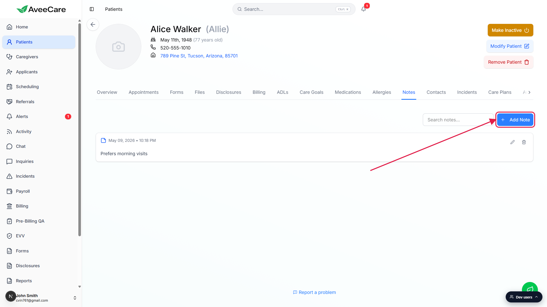 Notes tab with the Add Note button beside the Search notes input, called out with a red box