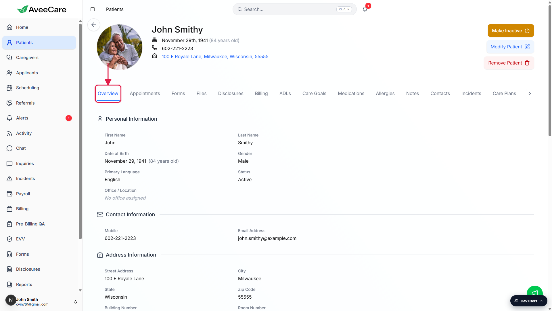 Patient detail page with the Overview sub-tab highlighted in red and the Personal Information section visible below