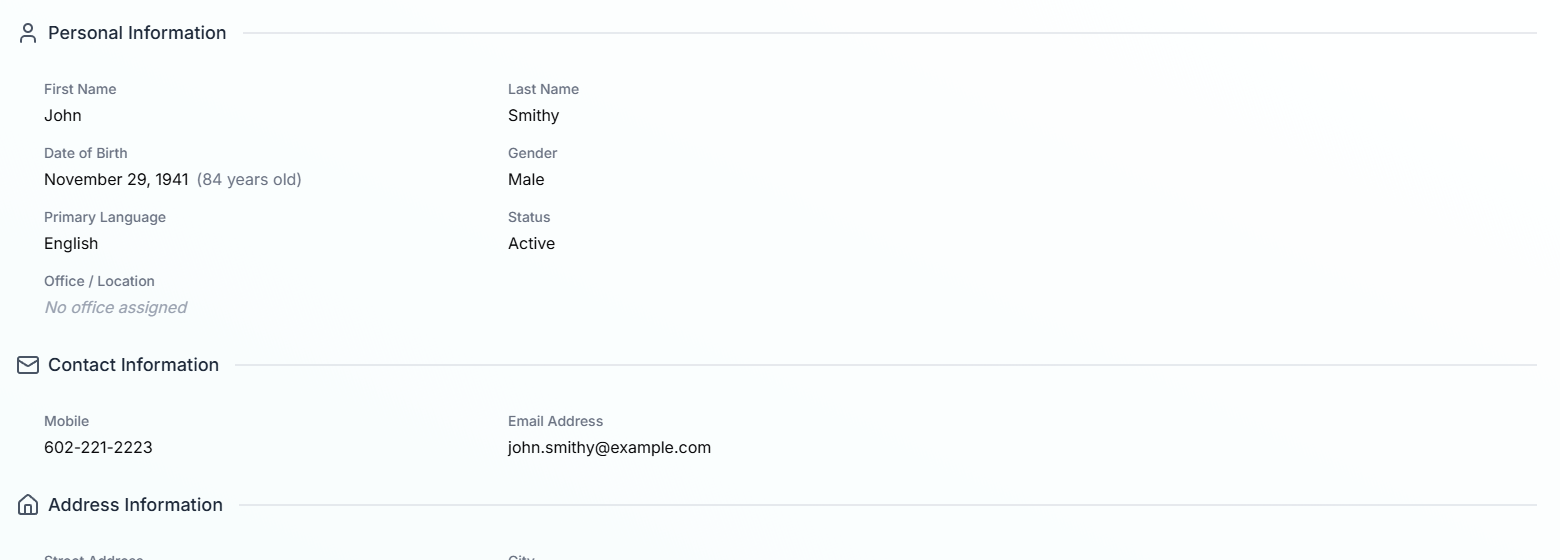 Personal Information block on the patient overview tab listing First Name John, Last Name Smithy, Date of Birth November 29 1941 (84 years old), Gender Male, Primary Language English, Status Active, Office No office assigned, plus Contact Information showing Mobile and Email Address