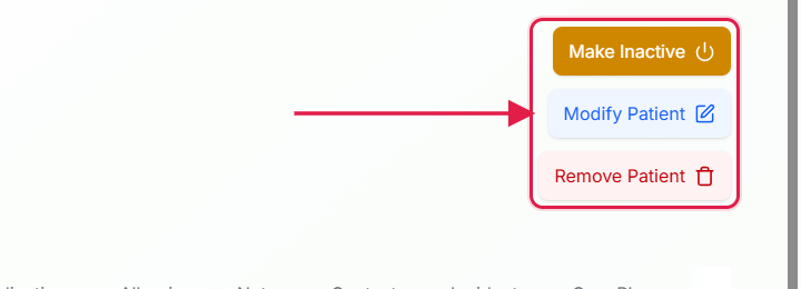 Top-right corner of the patient page with Make Inactive, Modify Patient, and Remove Patient buttons stacked vertically and called out with a red box