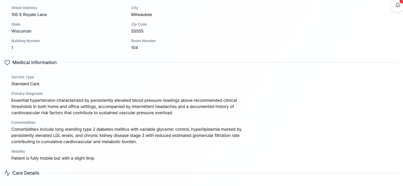 Lower half of the Overview body showing Address Information fields, the Medical Information section with Service Type Standard Care, Primary Diagnosis, Comorbidities, and Mobility, and the Care Details collapsible header below