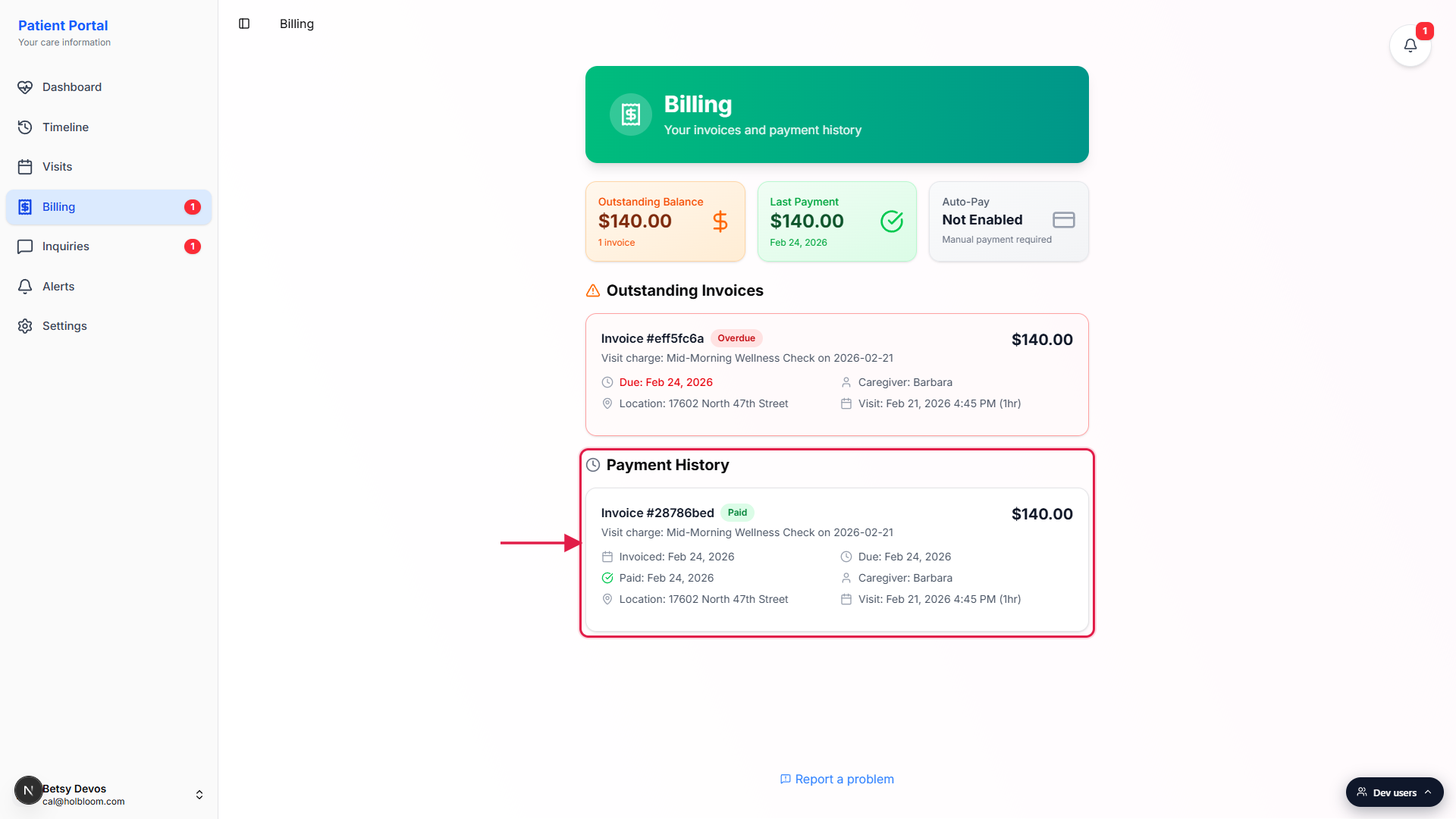 Patient Portal Billing page scrolled to show the Payment History heading and one paid invoice card, called out with a red box and arrow from the left whitespace