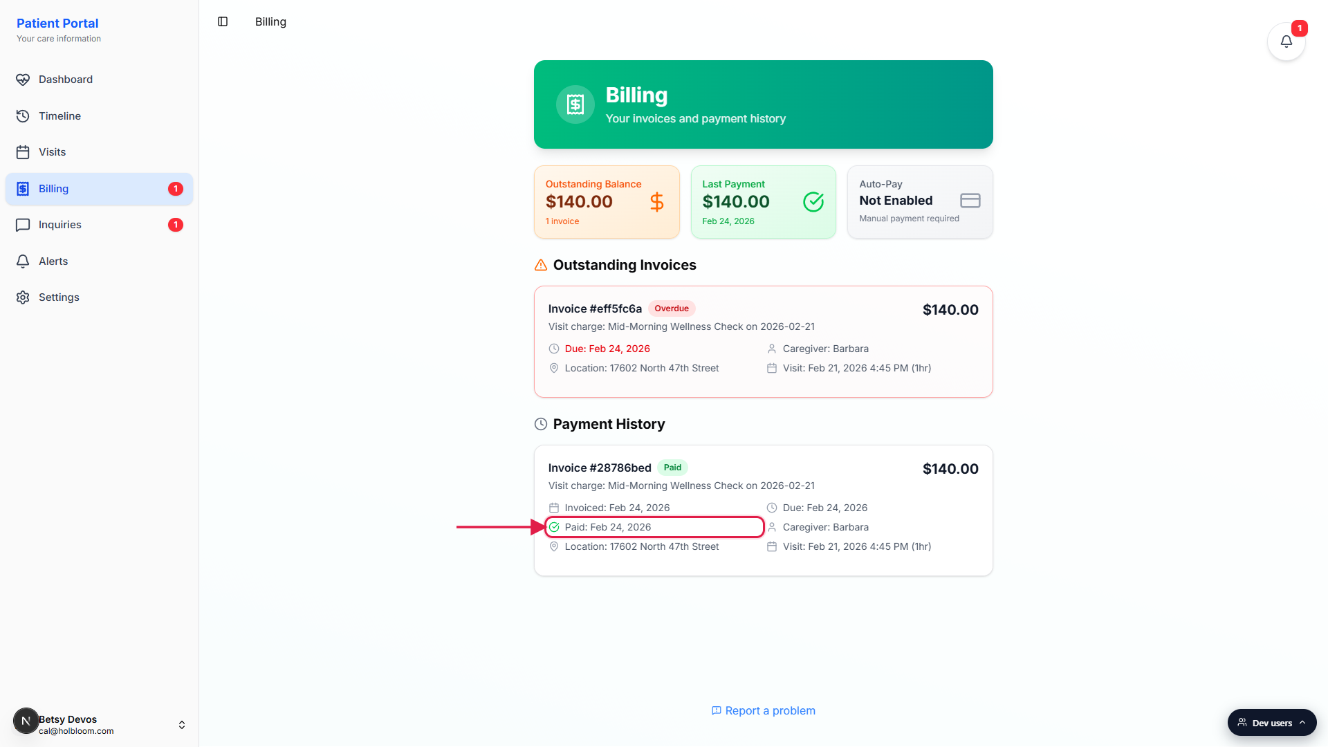 Paid invoice card inside Payment History with the Paid: Feb 24, 2026 line called out by a red box and arrow