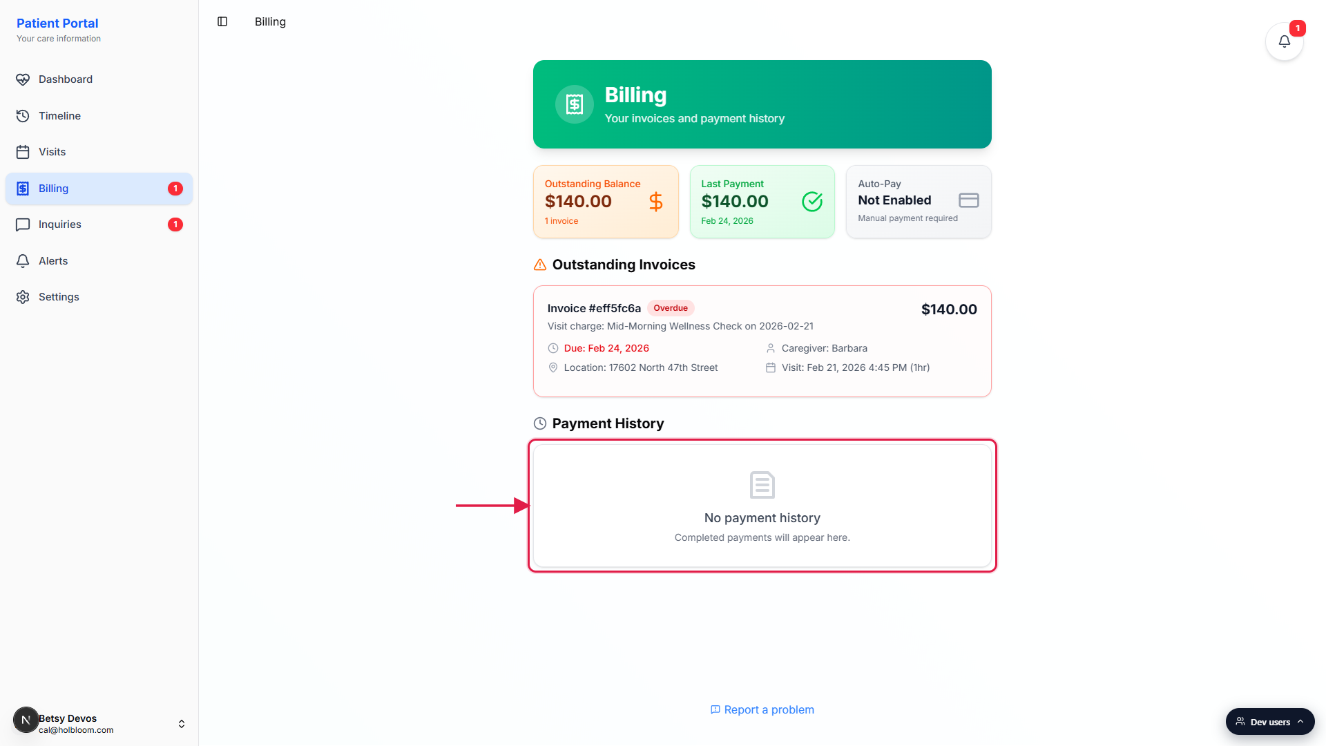 Payment History section showing the No payment history empty state card with the line Completed payments will appear here, called out with a red box and arrow