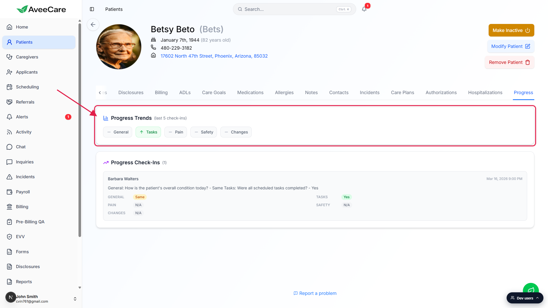 Progress Trends panel highlighted with a red box, showing General, Tasks, Pain, Safety, Changes chips across the last five check-ins
